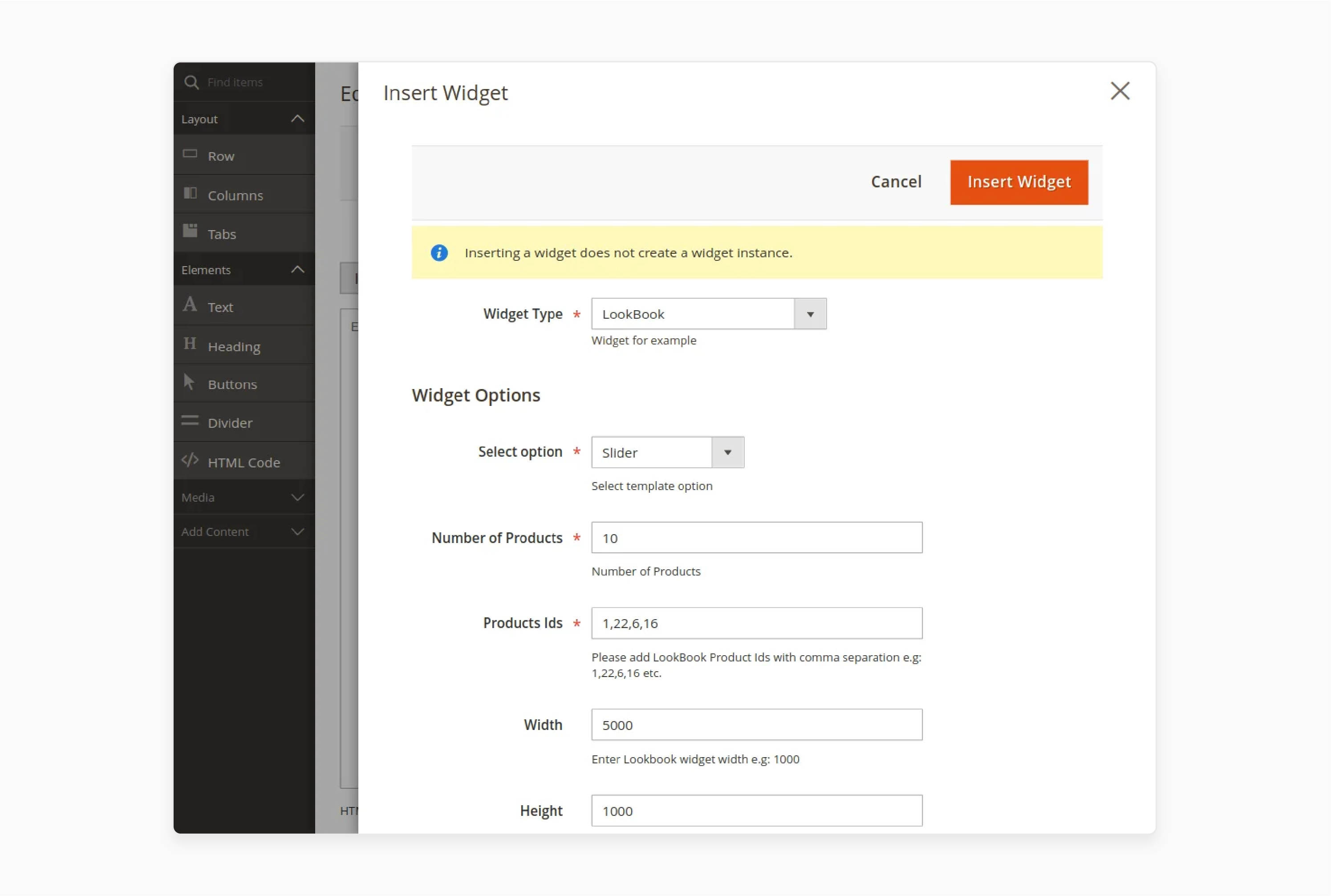 Edit widget options in the Magento 2 lookbook extension