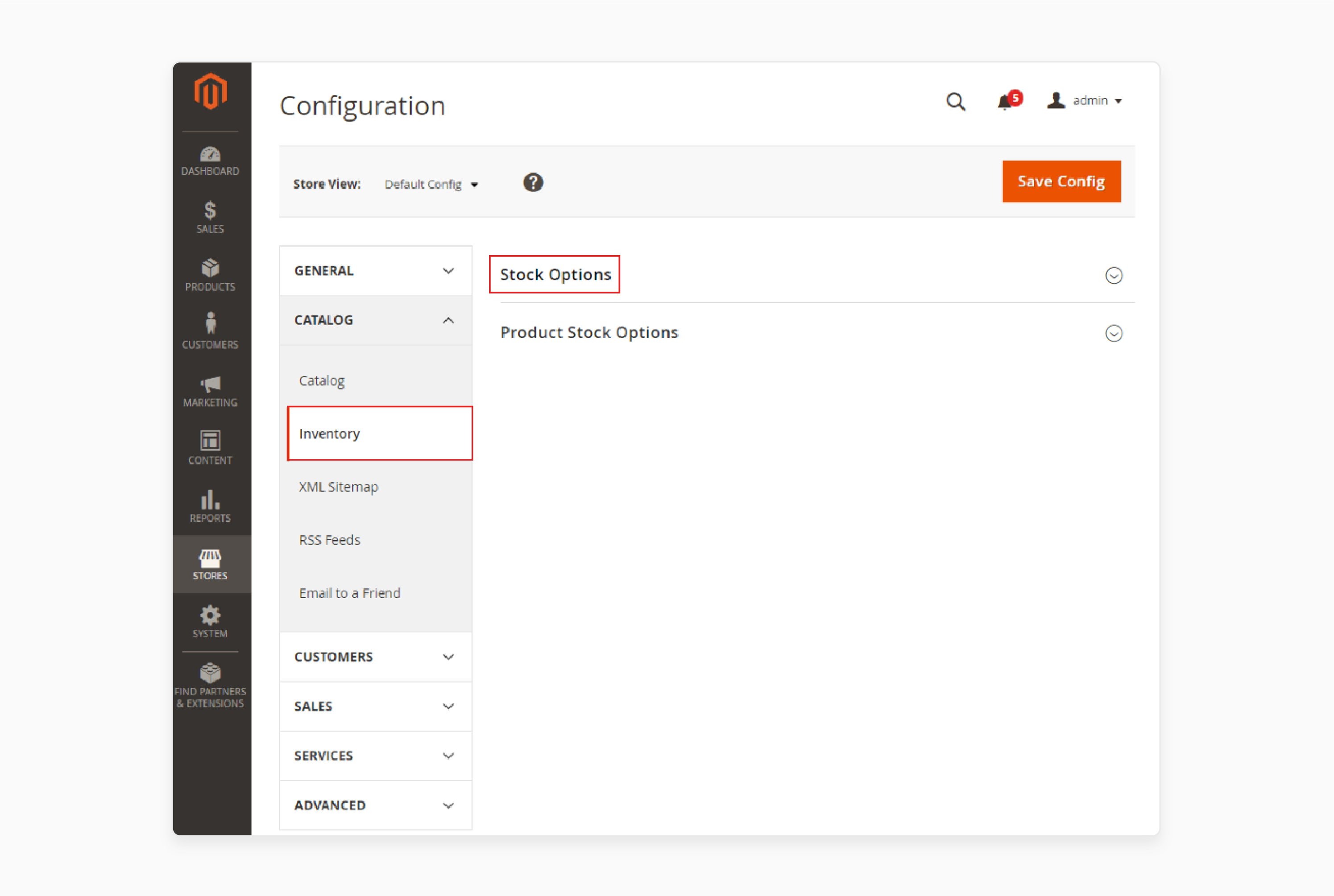 steps to access inventory settings in magento 2 admin panel