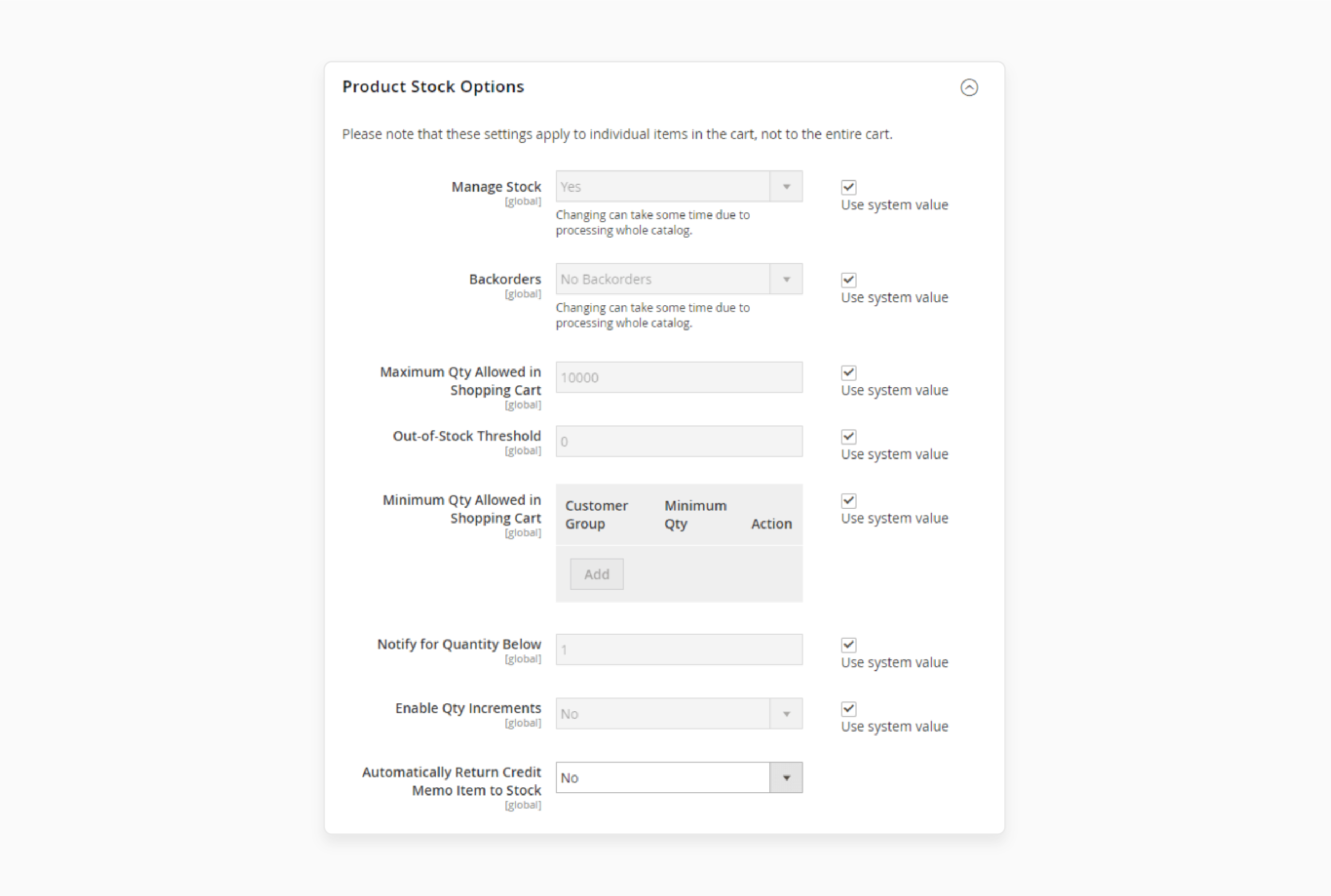 product stock options menu for advanced settings in magento 2