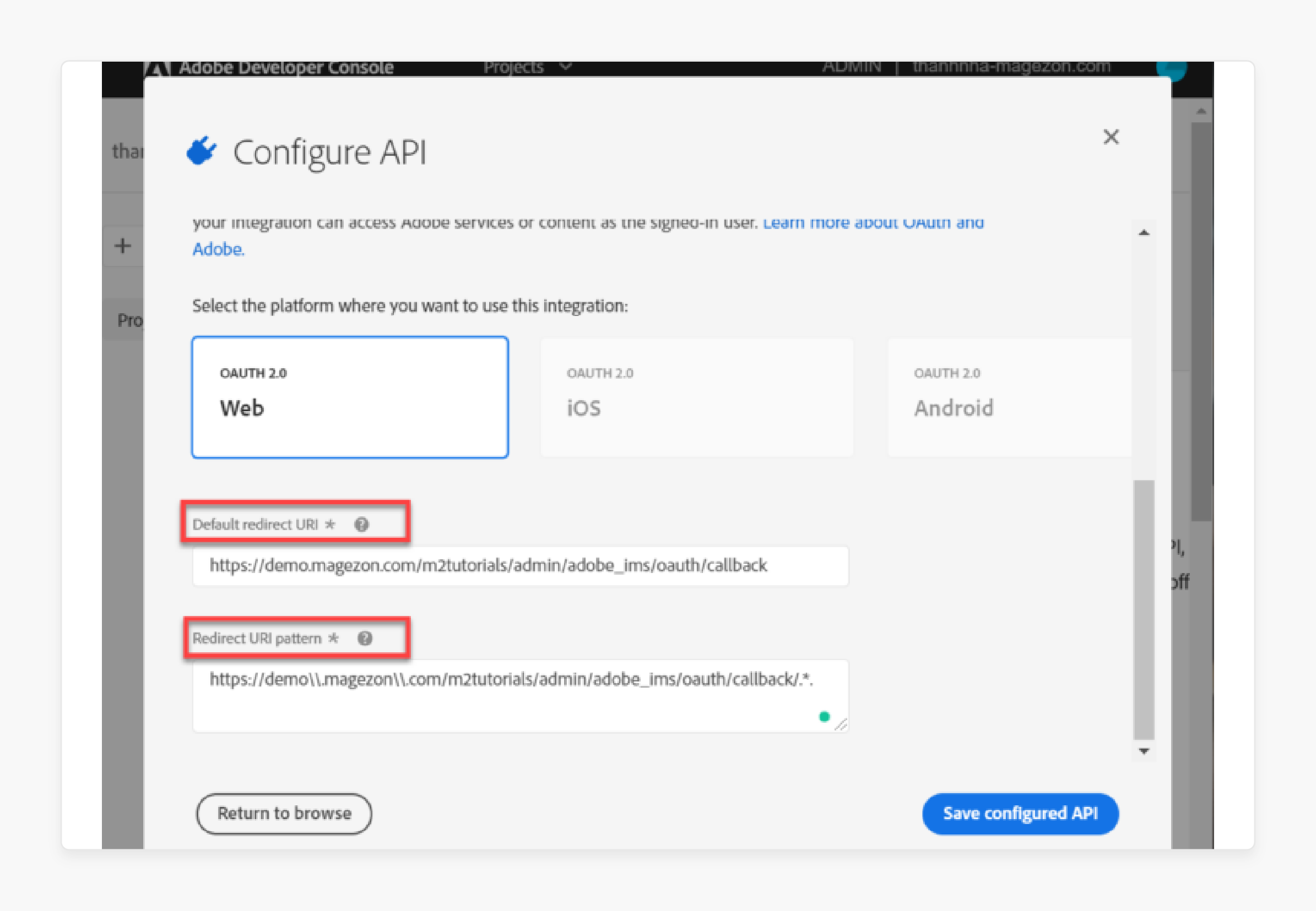 Add redirect URIs for Adobe Stock