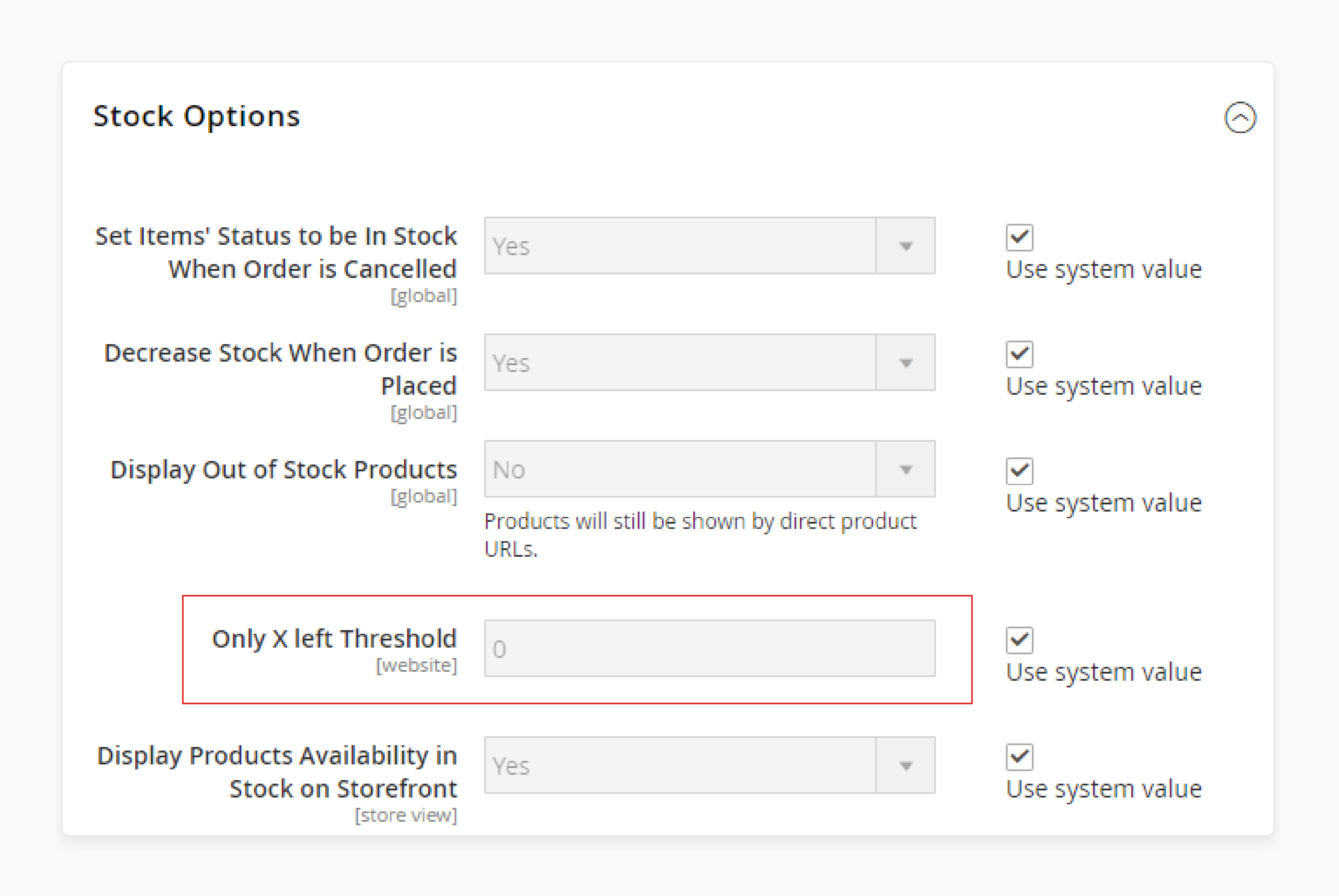 Find the stock option section to Set Up Magento 2 Out-Of-Stock Threshold