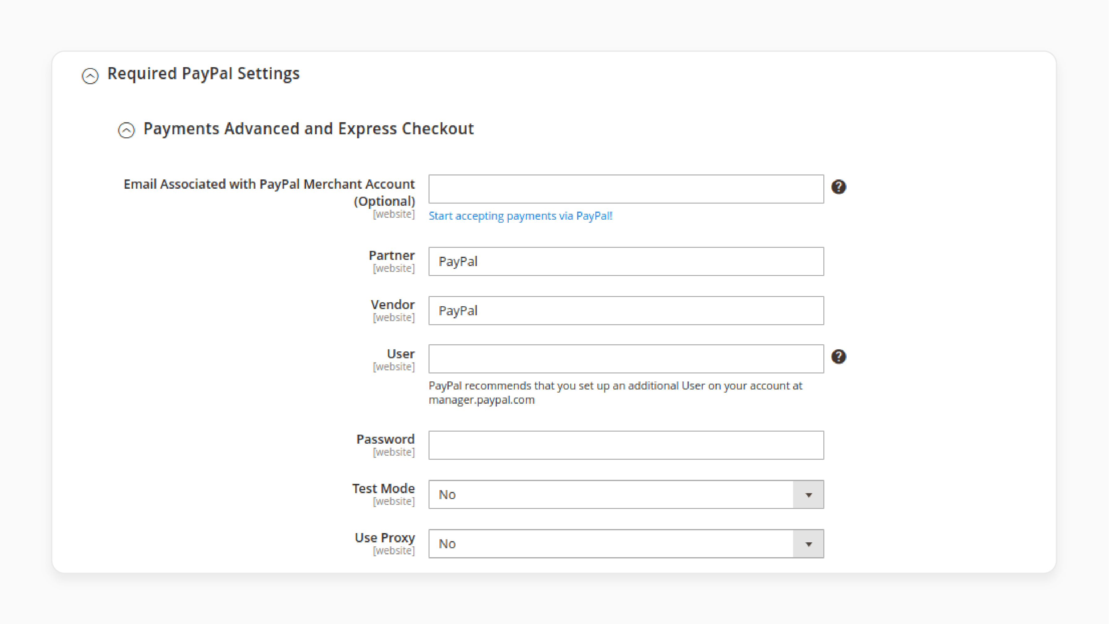 initial setup for paypal payments pro and express checkout in magento 2