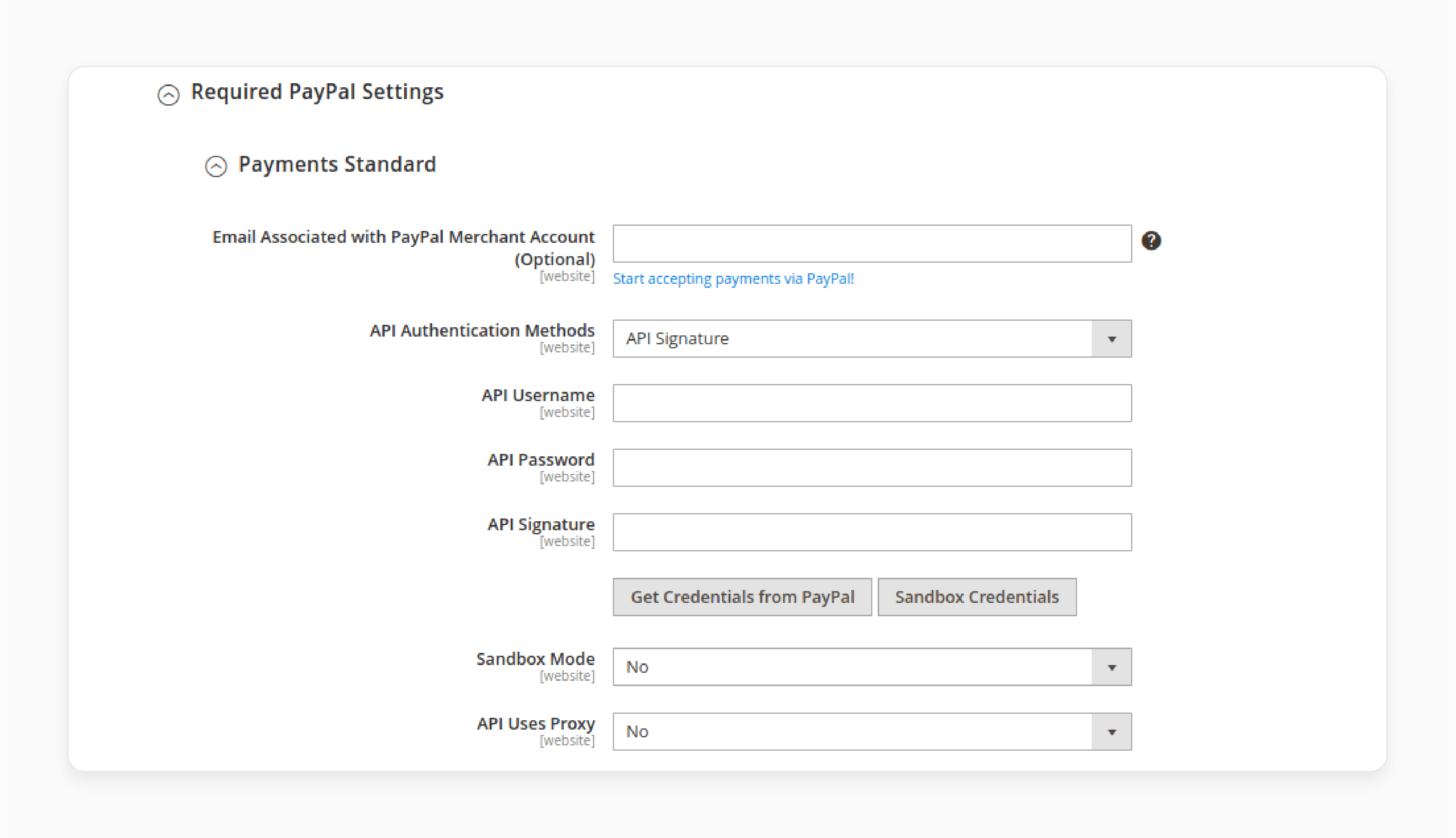 required paypal settings for magento 2 integration expanded view