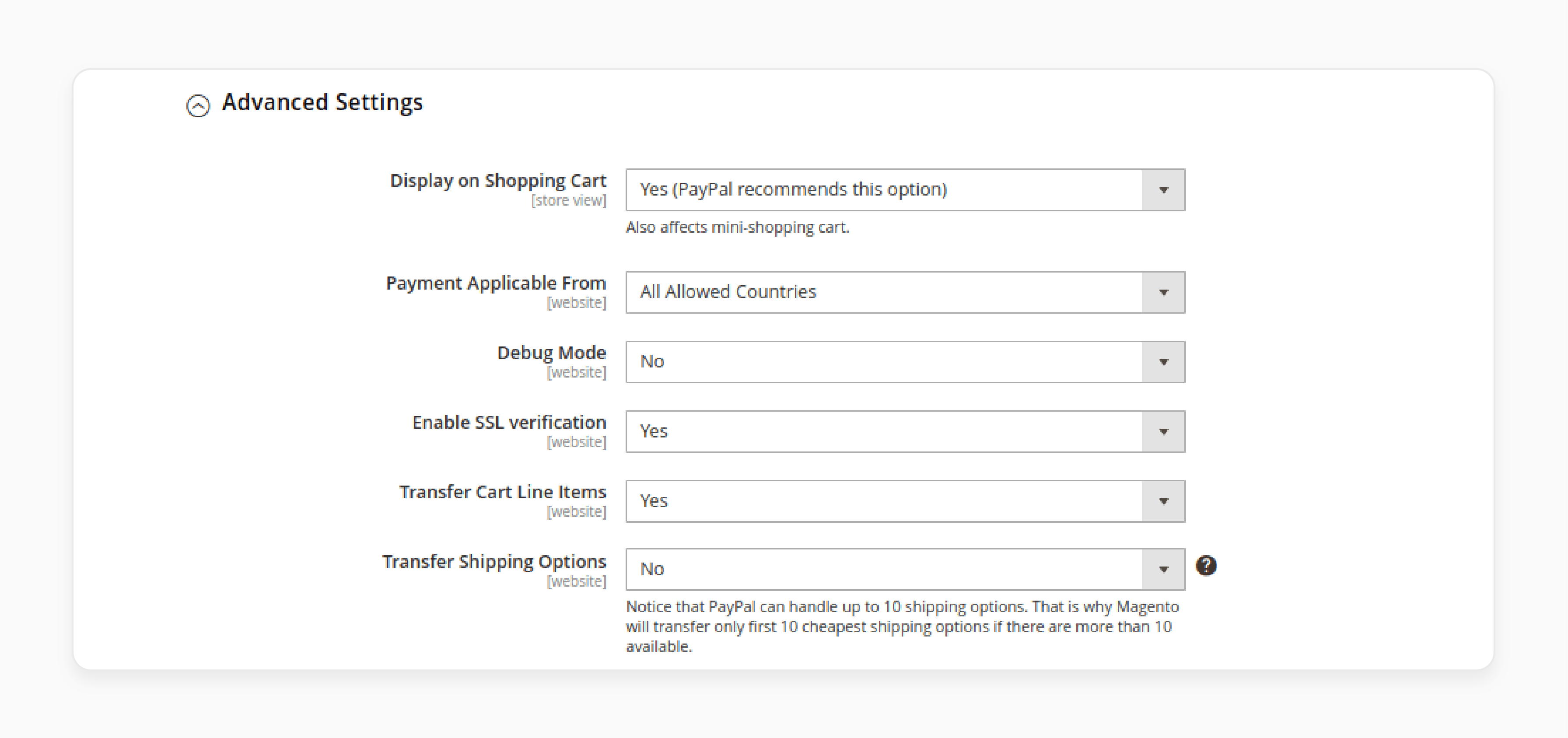 advanced settings configuration for magento 2 paypal integration