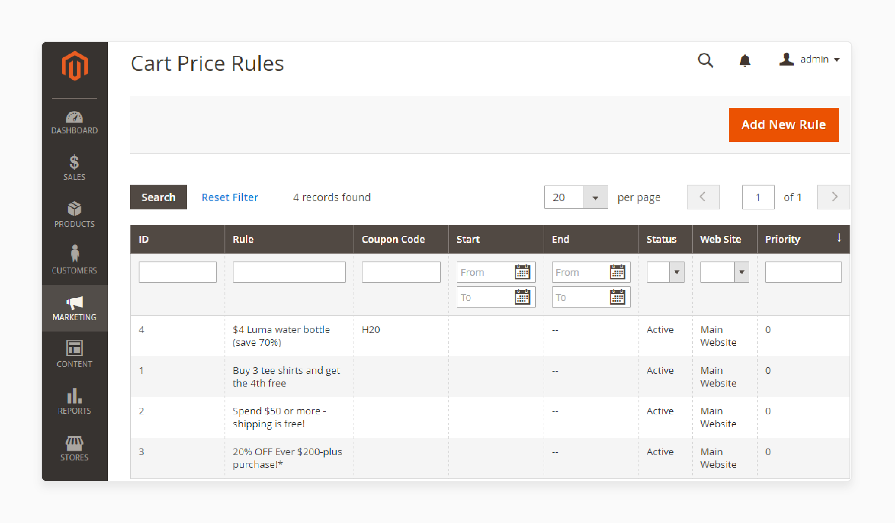 navigating to cart price rules section in magento 2