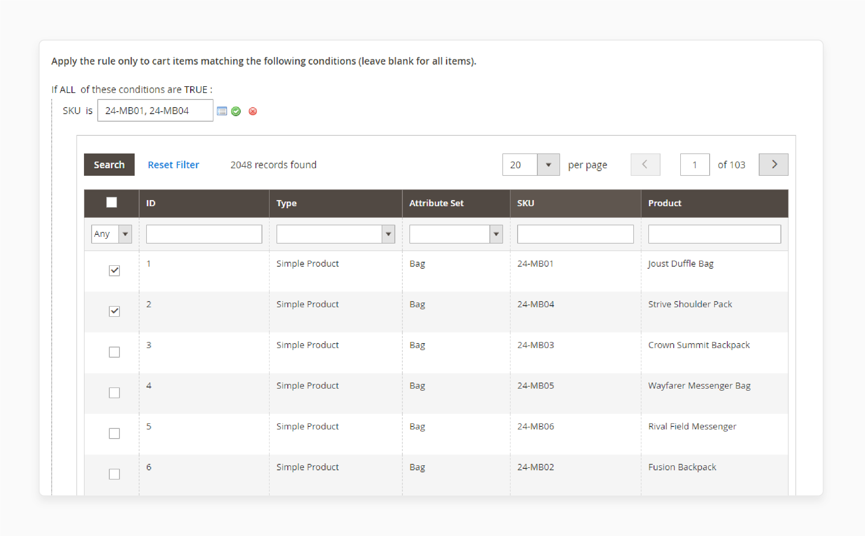 restricting free items to specific skus in magento 2 cart rules