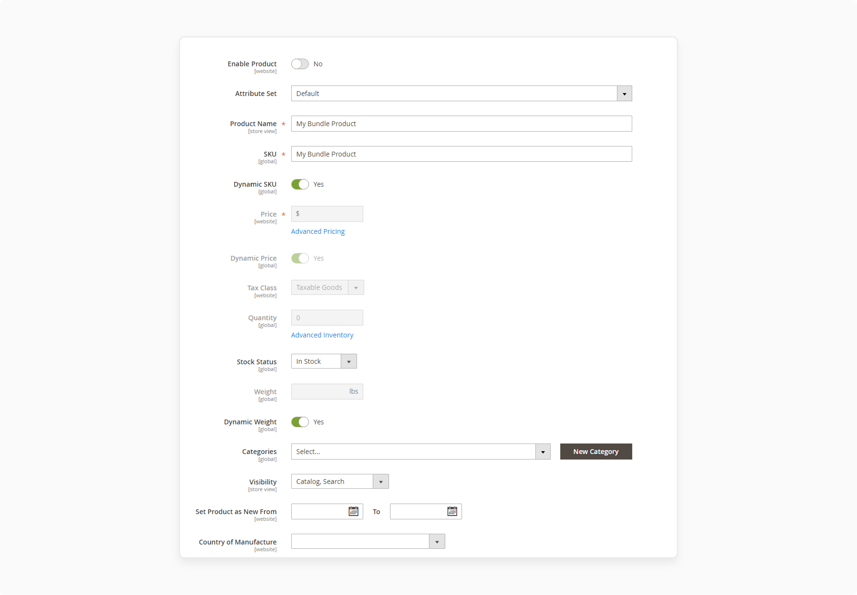 magento 2 bundle product settings showing the addition of components with dynamic price calculation