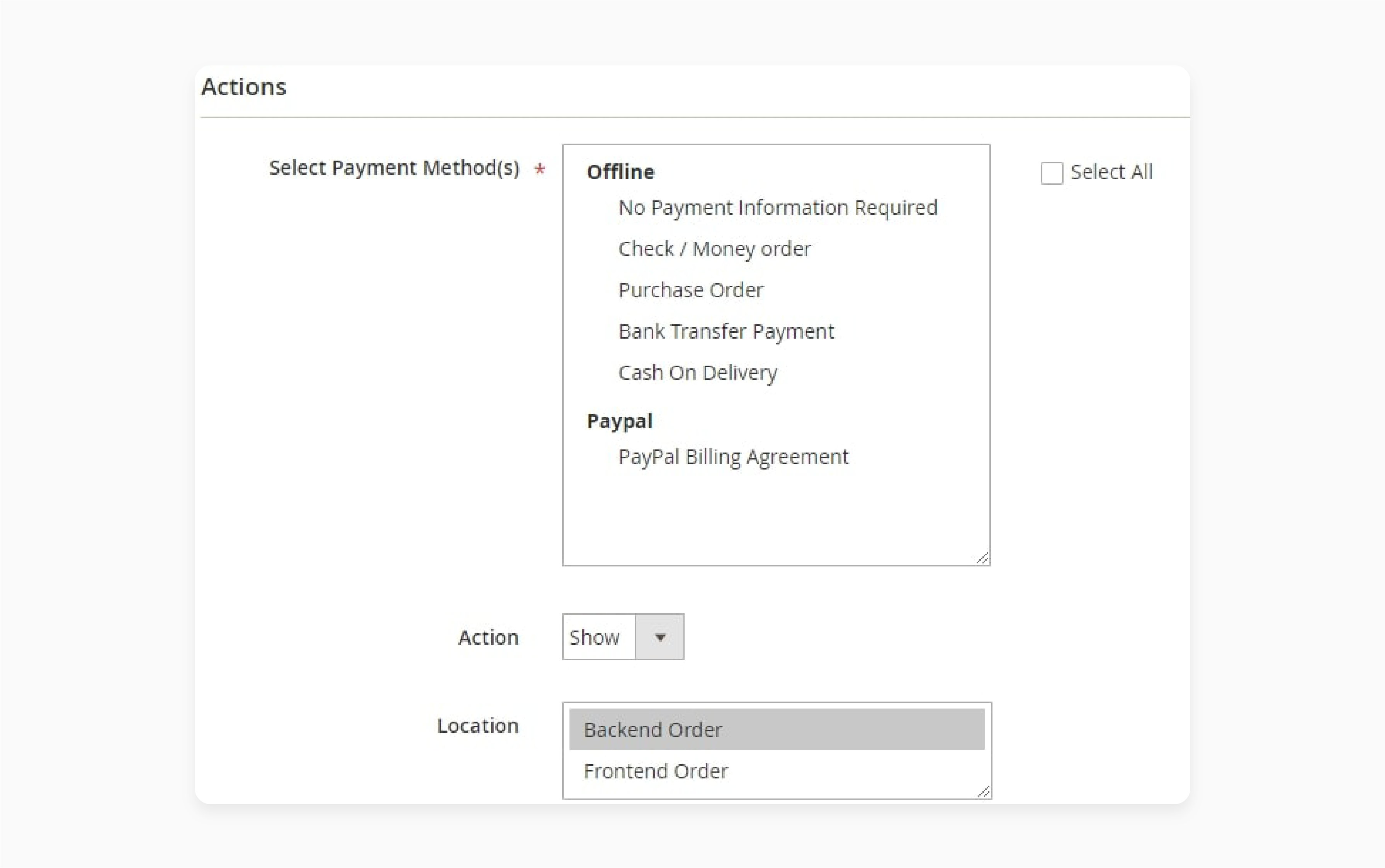 In the Actions section, choose the payment methods to which the rule will apply