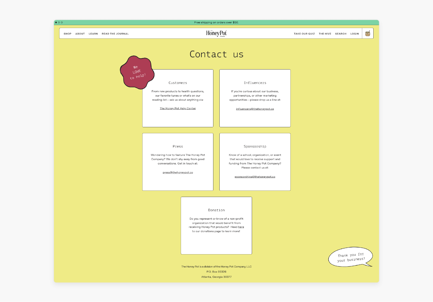 Honey Pot contact page with user-friendly sections