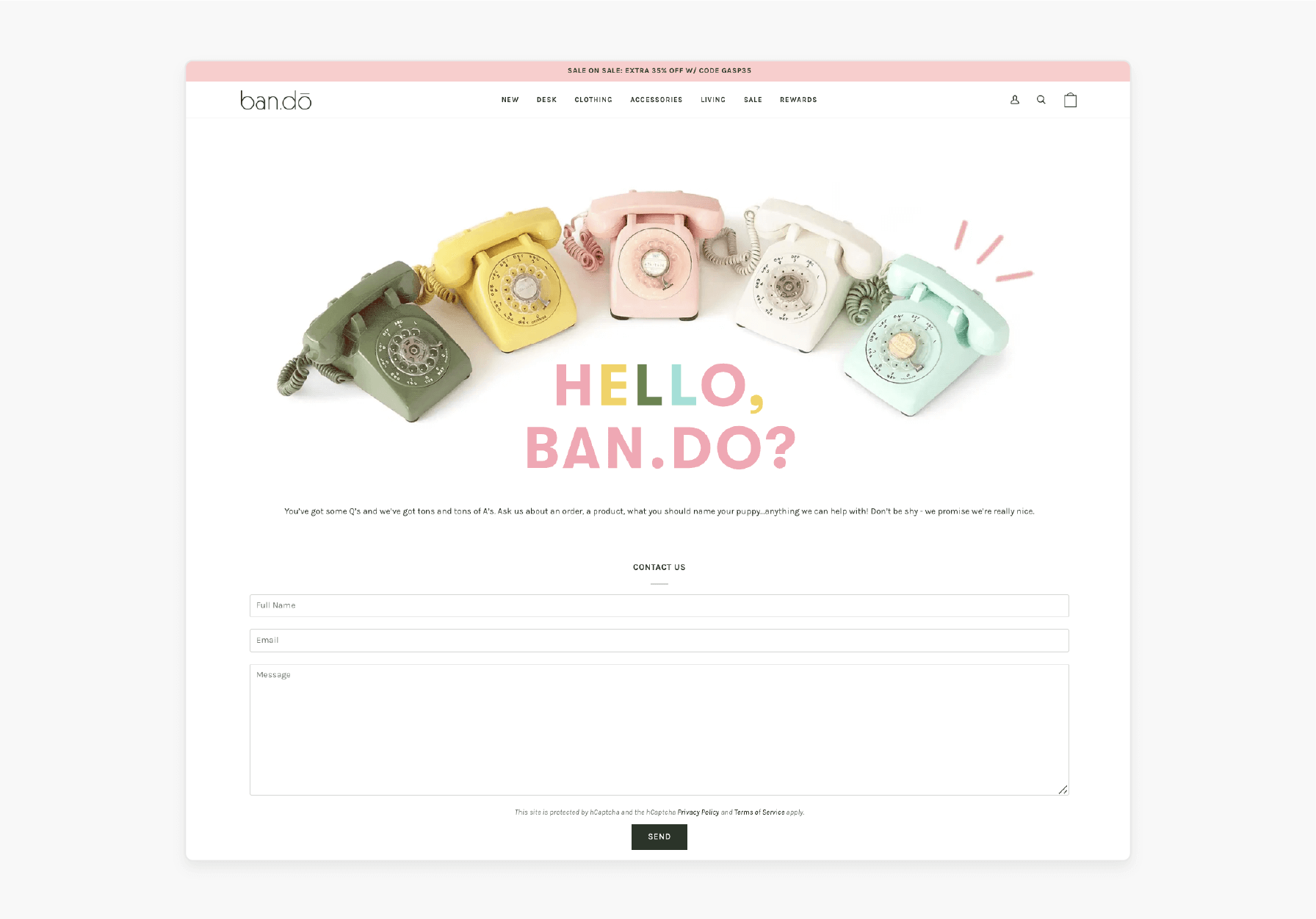 Ban.do contact page with a fun design