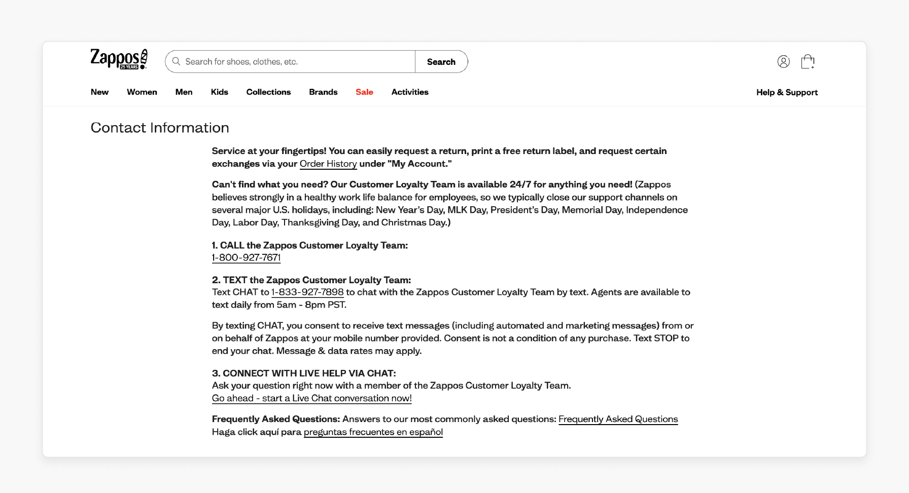 Zappos contact page with customer support options