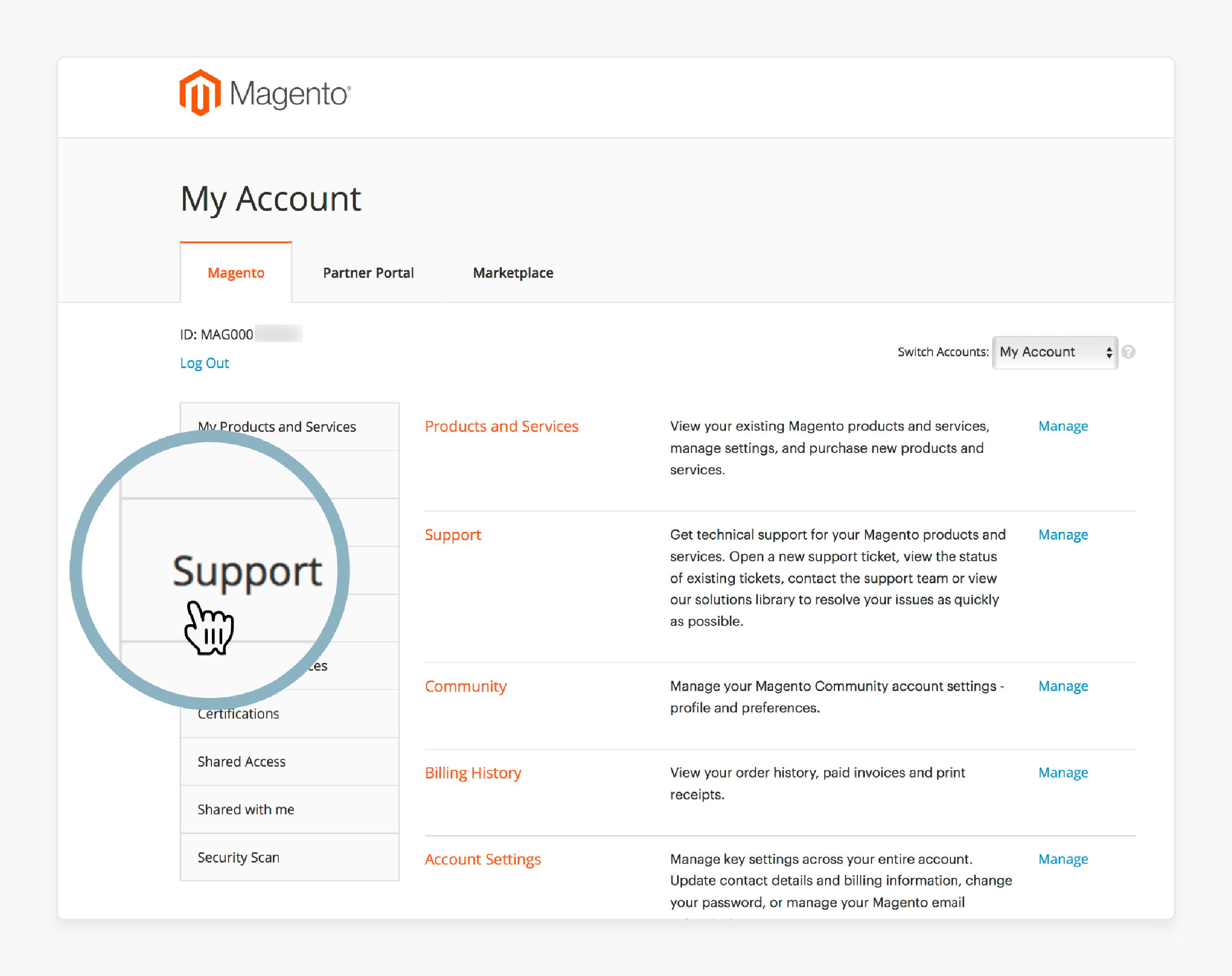 Magento Account Page of Magento Enterprise Support