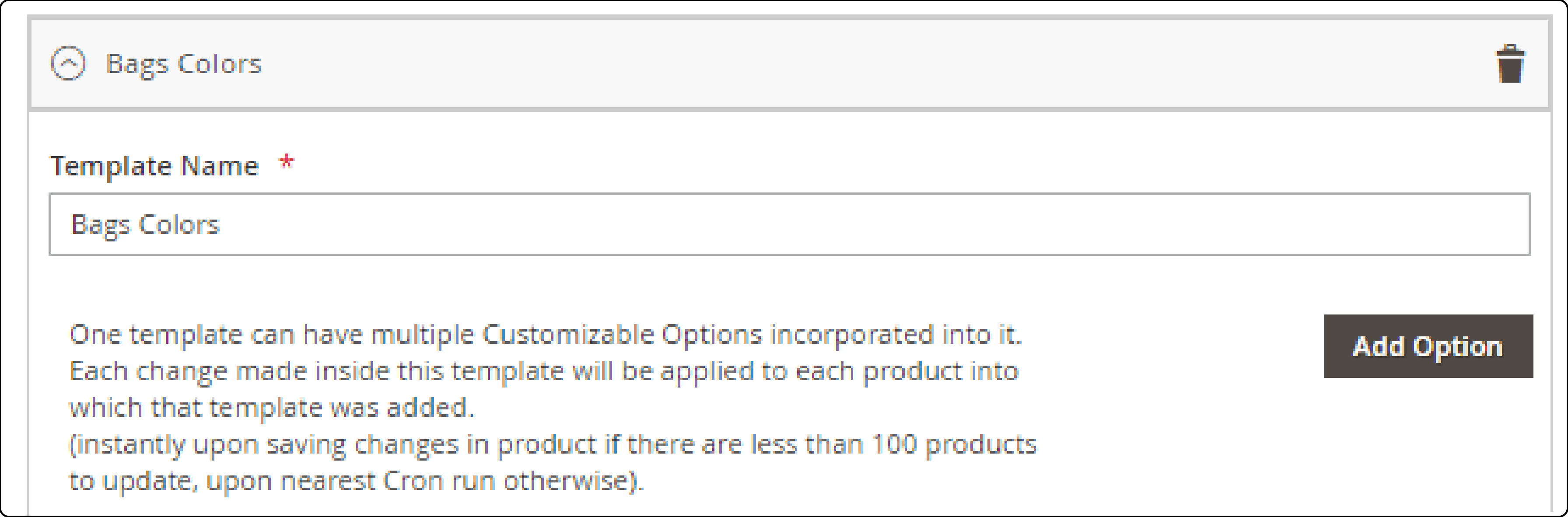 Input field for setting a descriptive title for a new Magento 2 option template