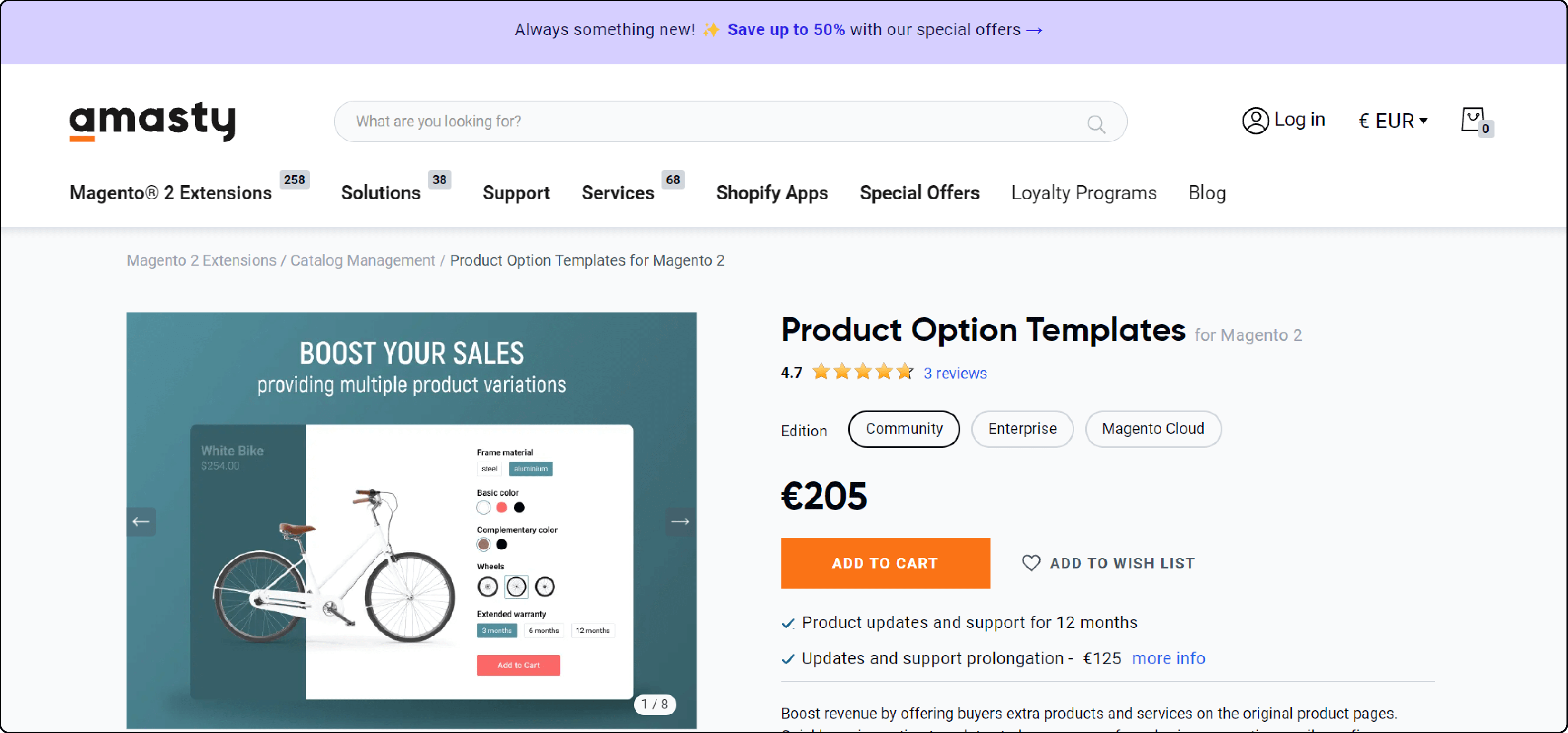 Dashboard of Amasty Custom Options Templates with conditional logic settings