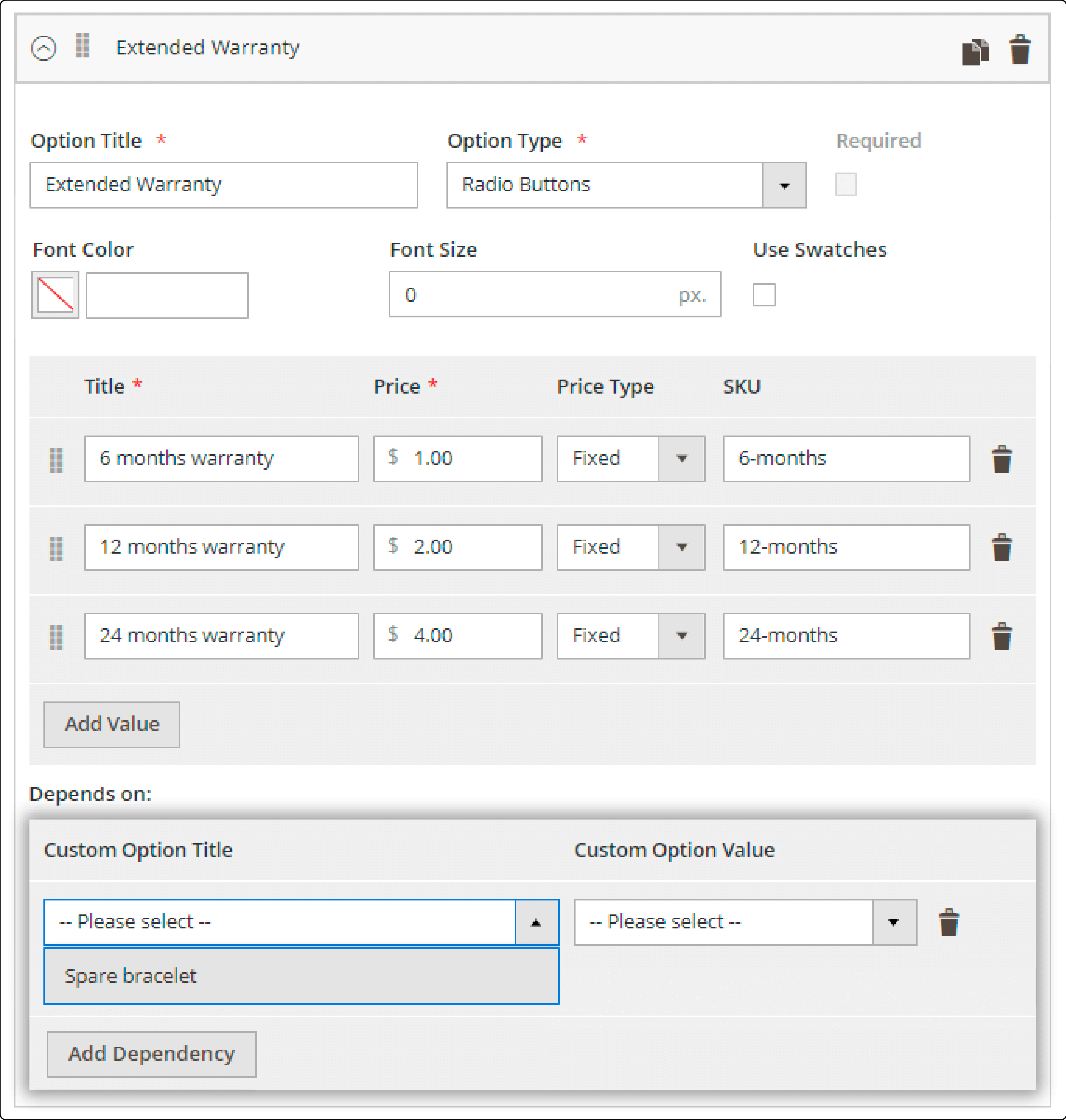 Configuring SKU policies for Magento 2 custom product options