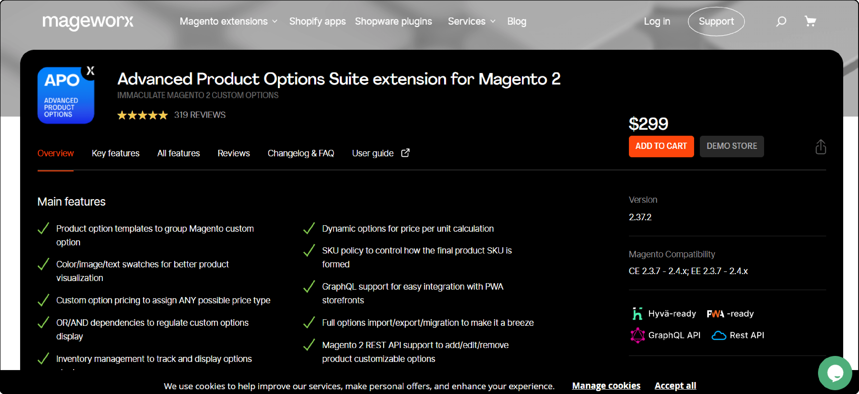 Interface of MageWorx Advanced Product Options Suite showing extensive customization capabilities