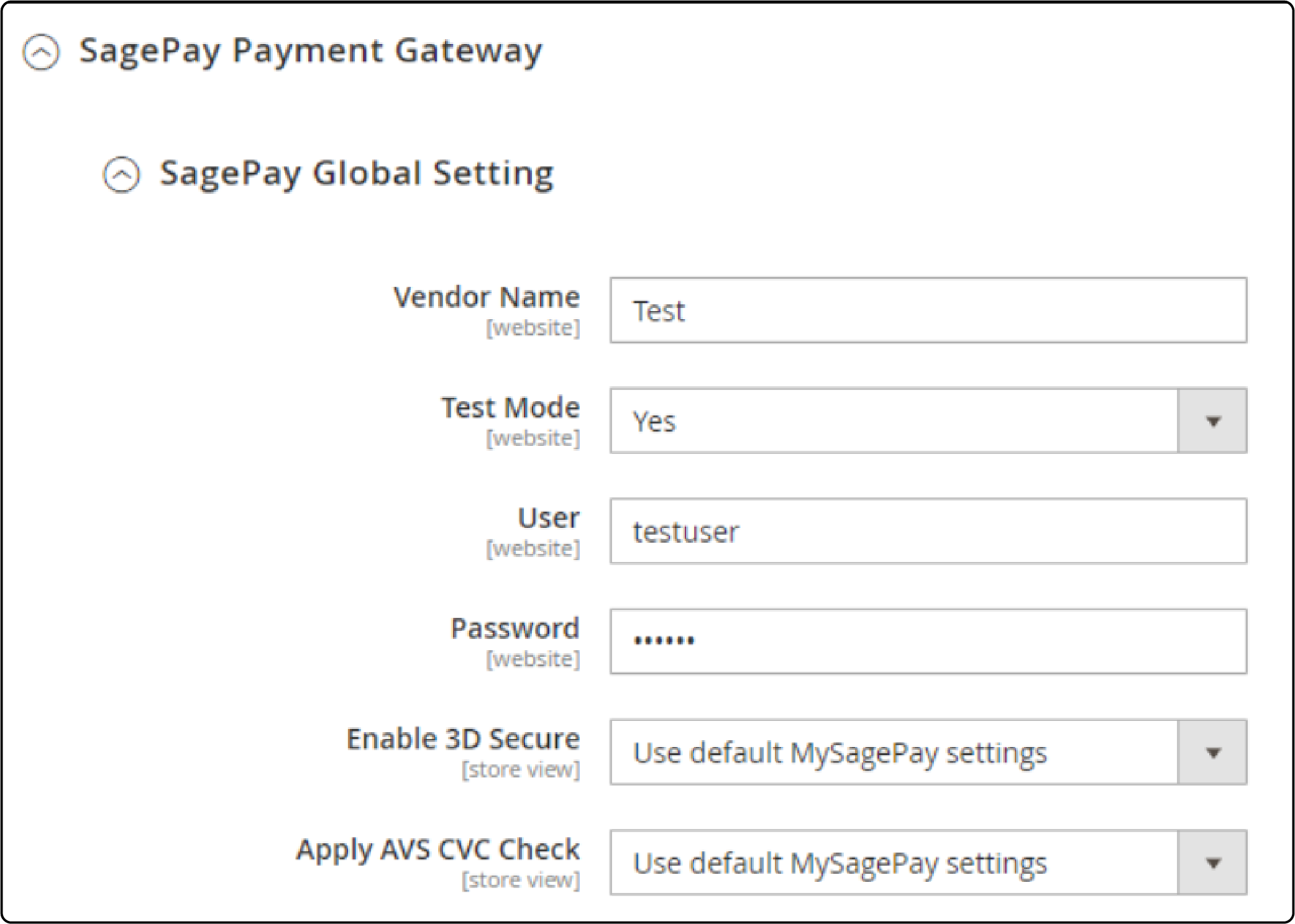 Global settings for Sagepay Magento 2