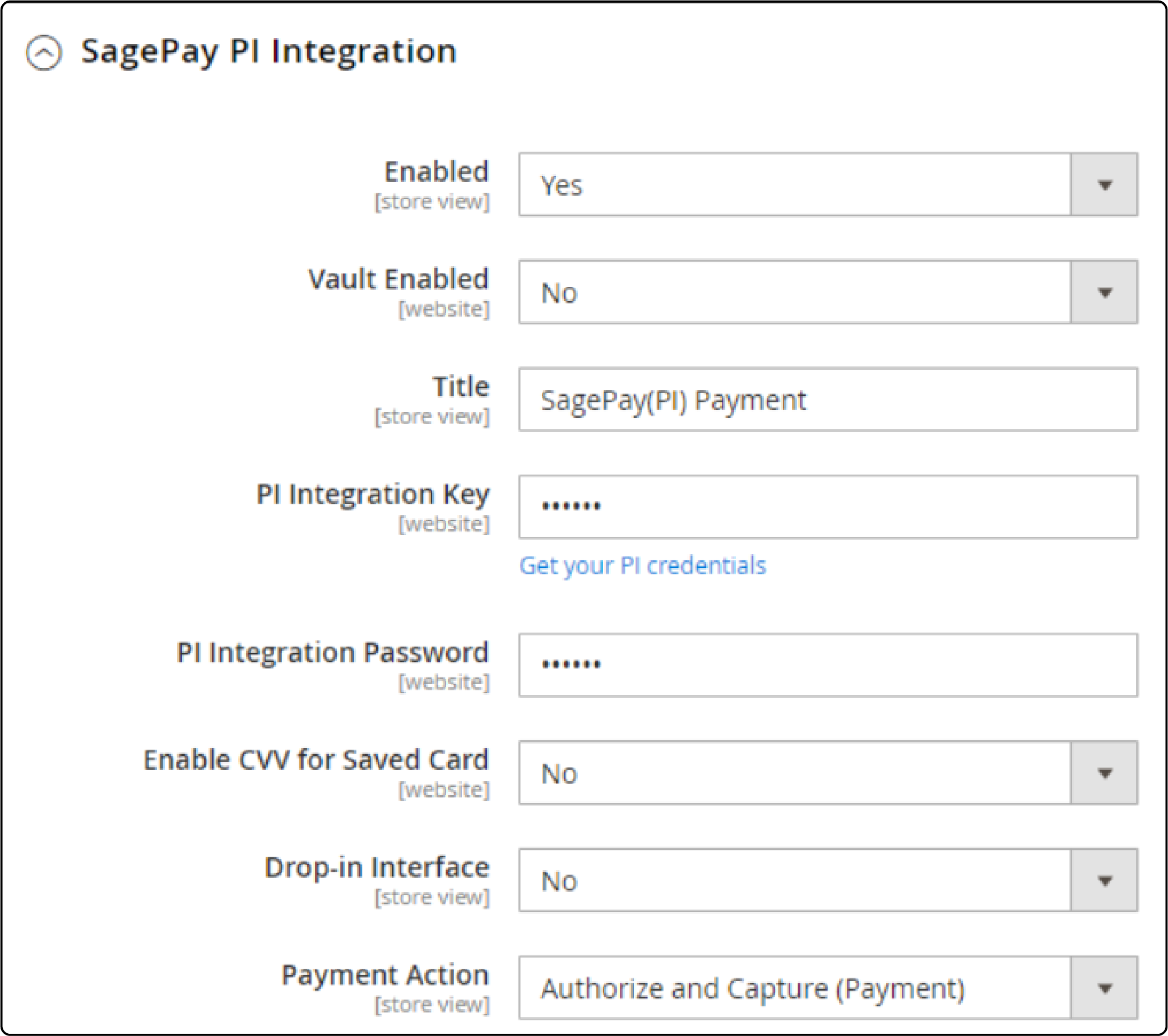 Sagepay Magento 2 PI integration settings