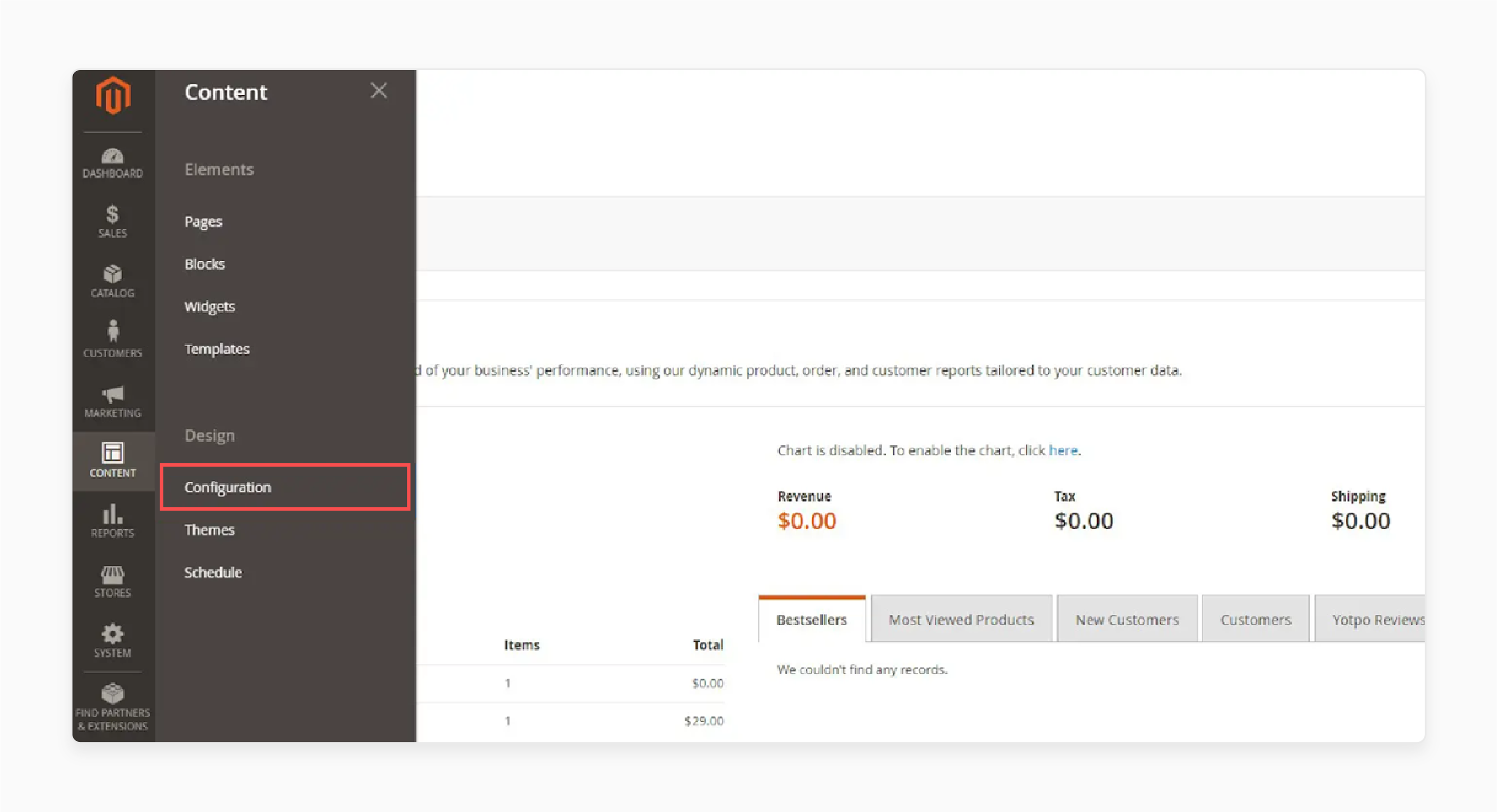 Navigating to content design configuration in magento 2 admin panel