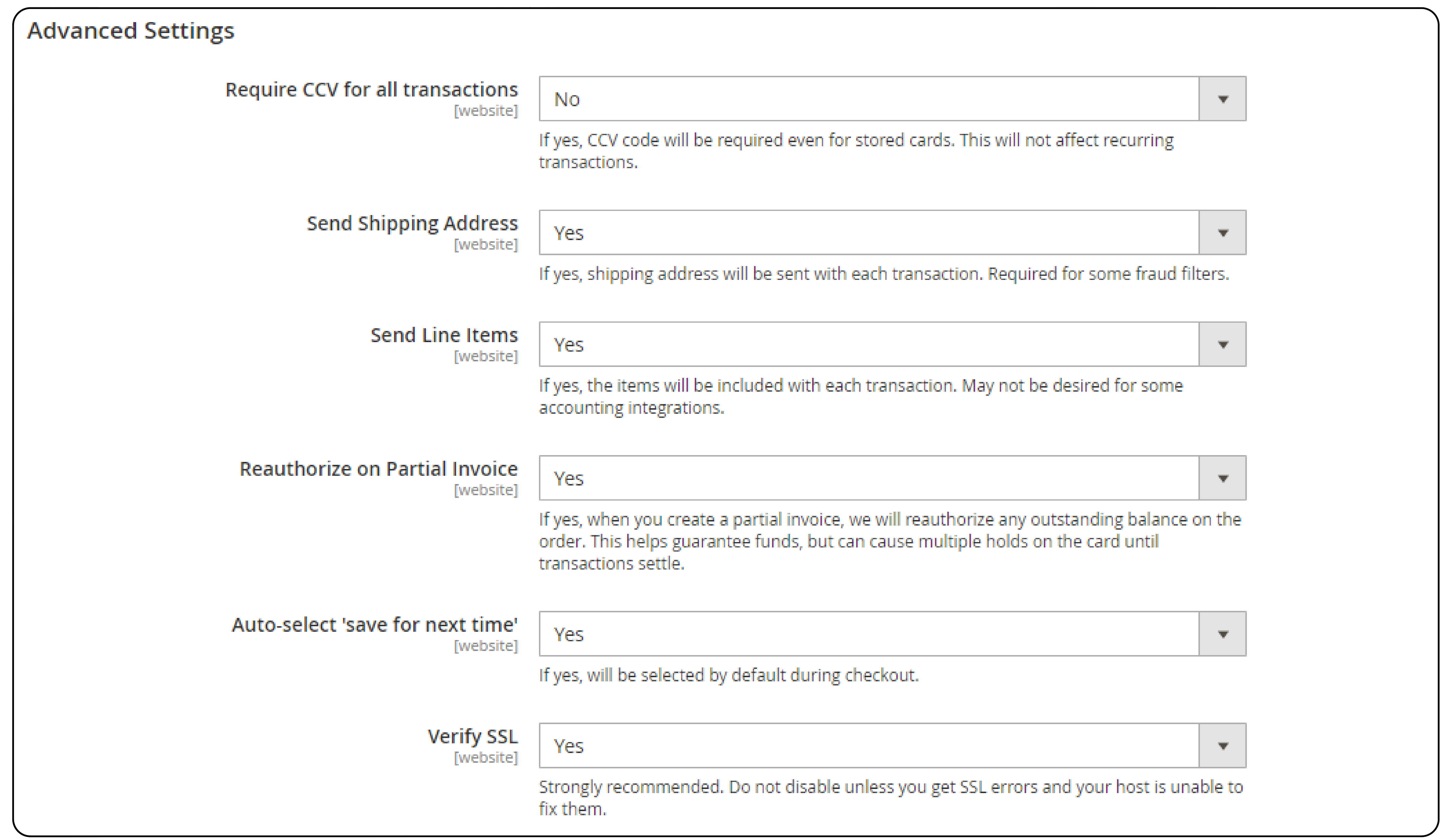 Configuring Advanced settings for Authorize.net Magento 2