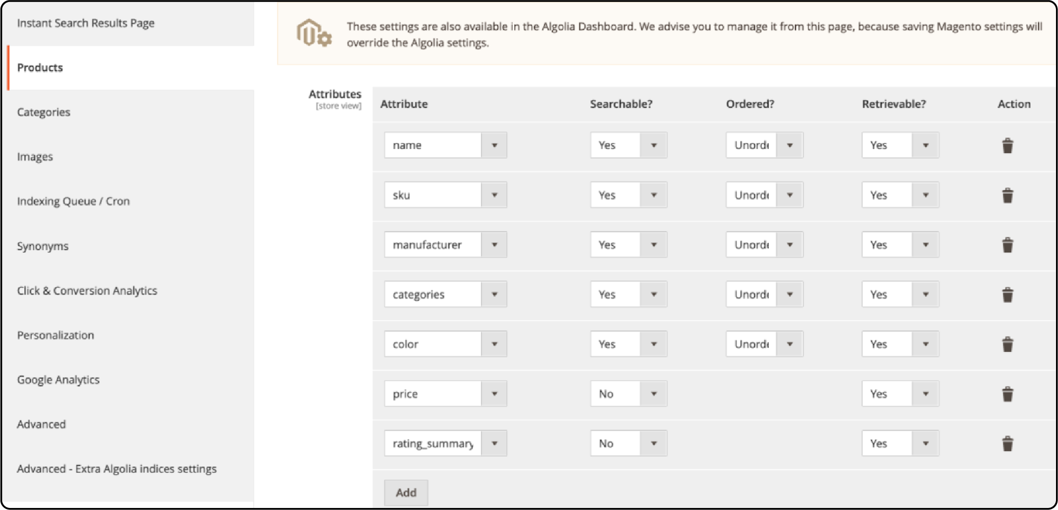 Configuring product settings for Magento 2 Algolia