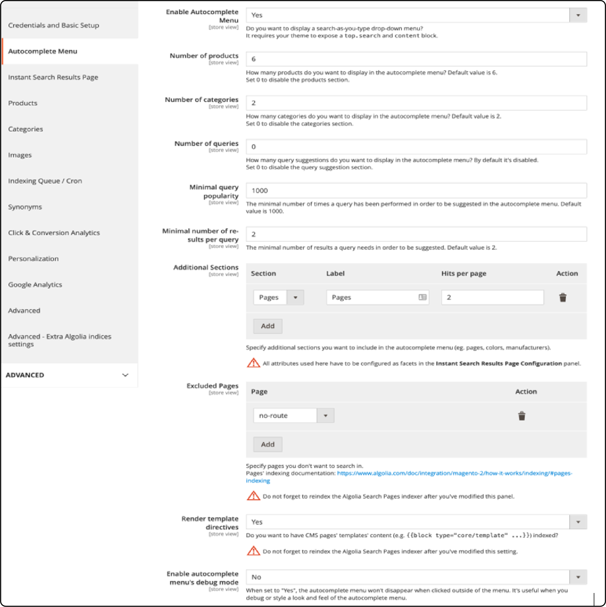 Configuring autocomplete settings for Magento 2 Algolia