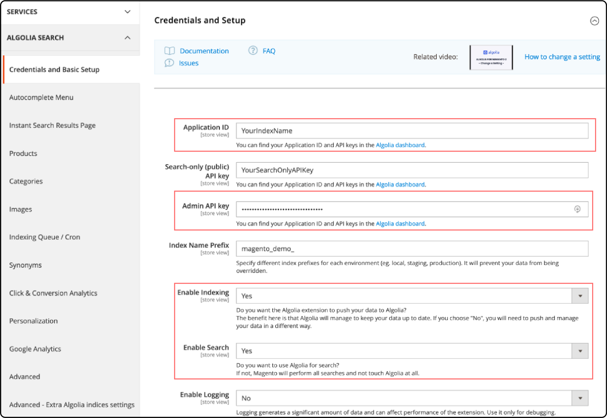 Credentials and setup of Magento 2 Algolia