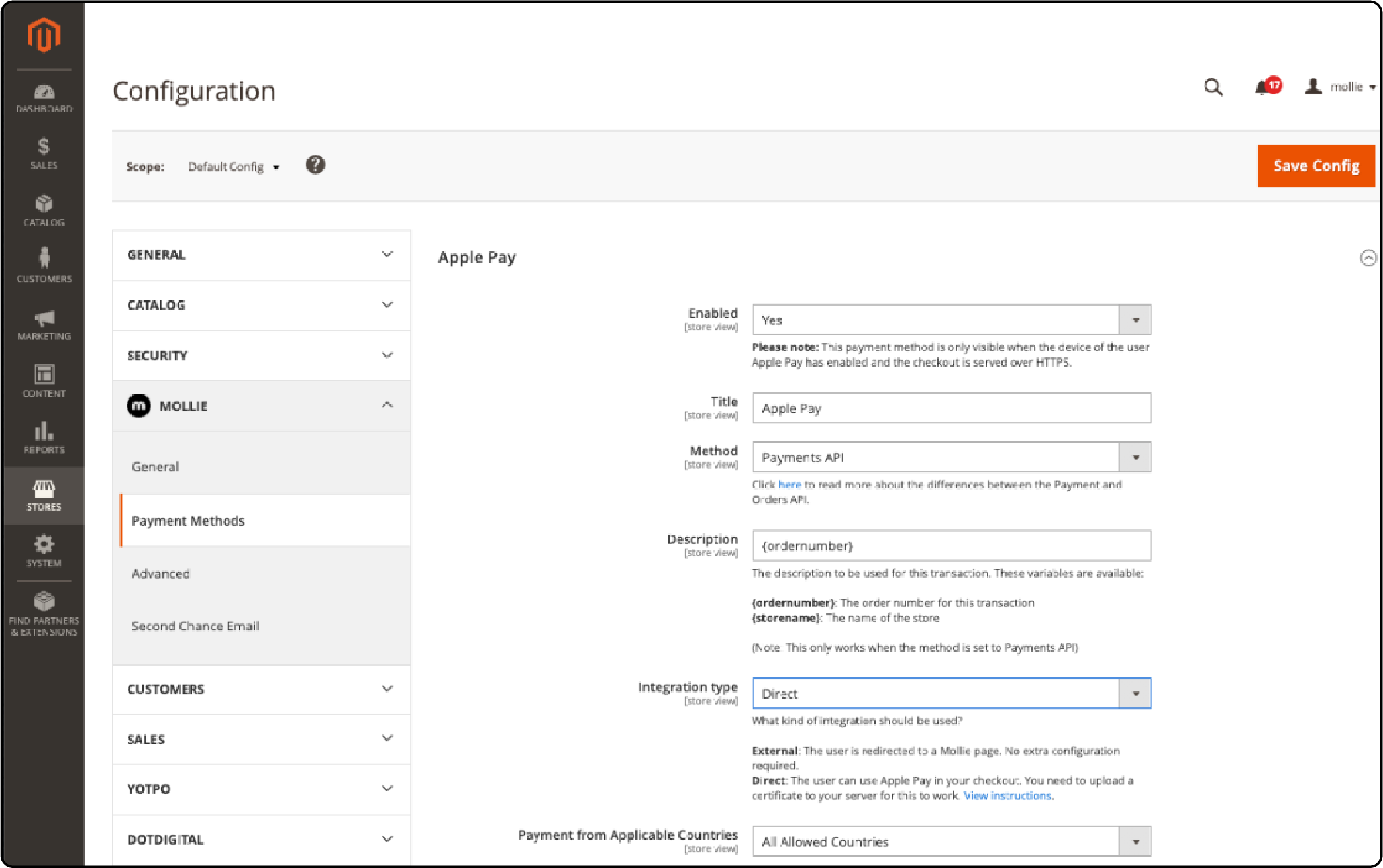 Apple Pay configuration in Magento 2 mollie