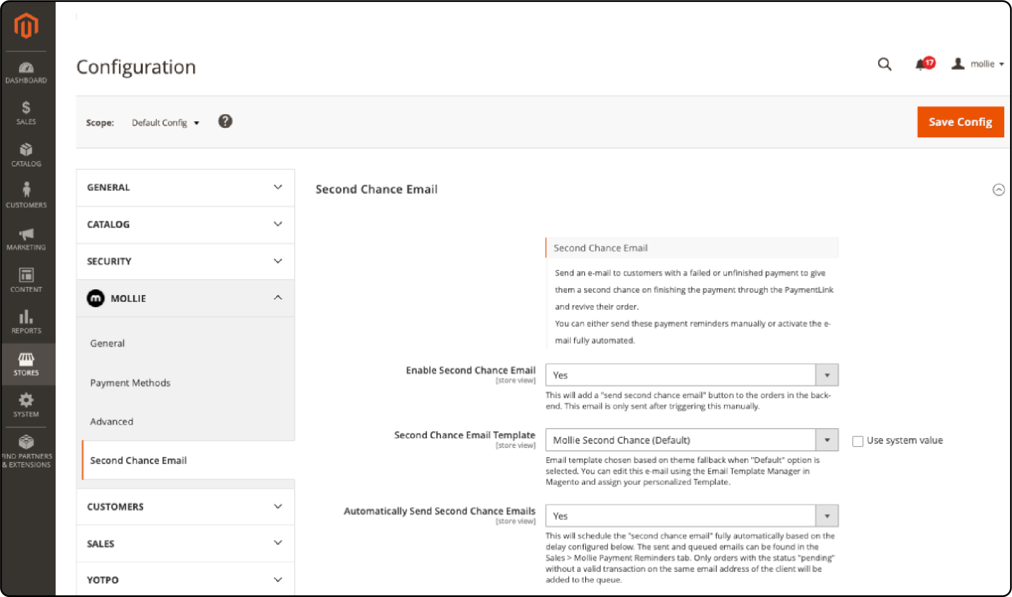 Enable second chance email in Magento 2 mollie