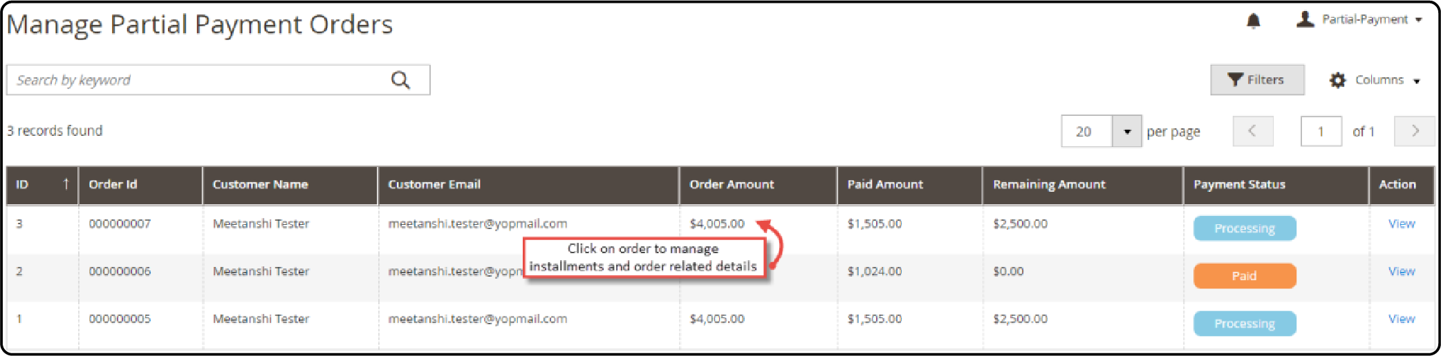 Managing partial payment orders in Magento 2 backend