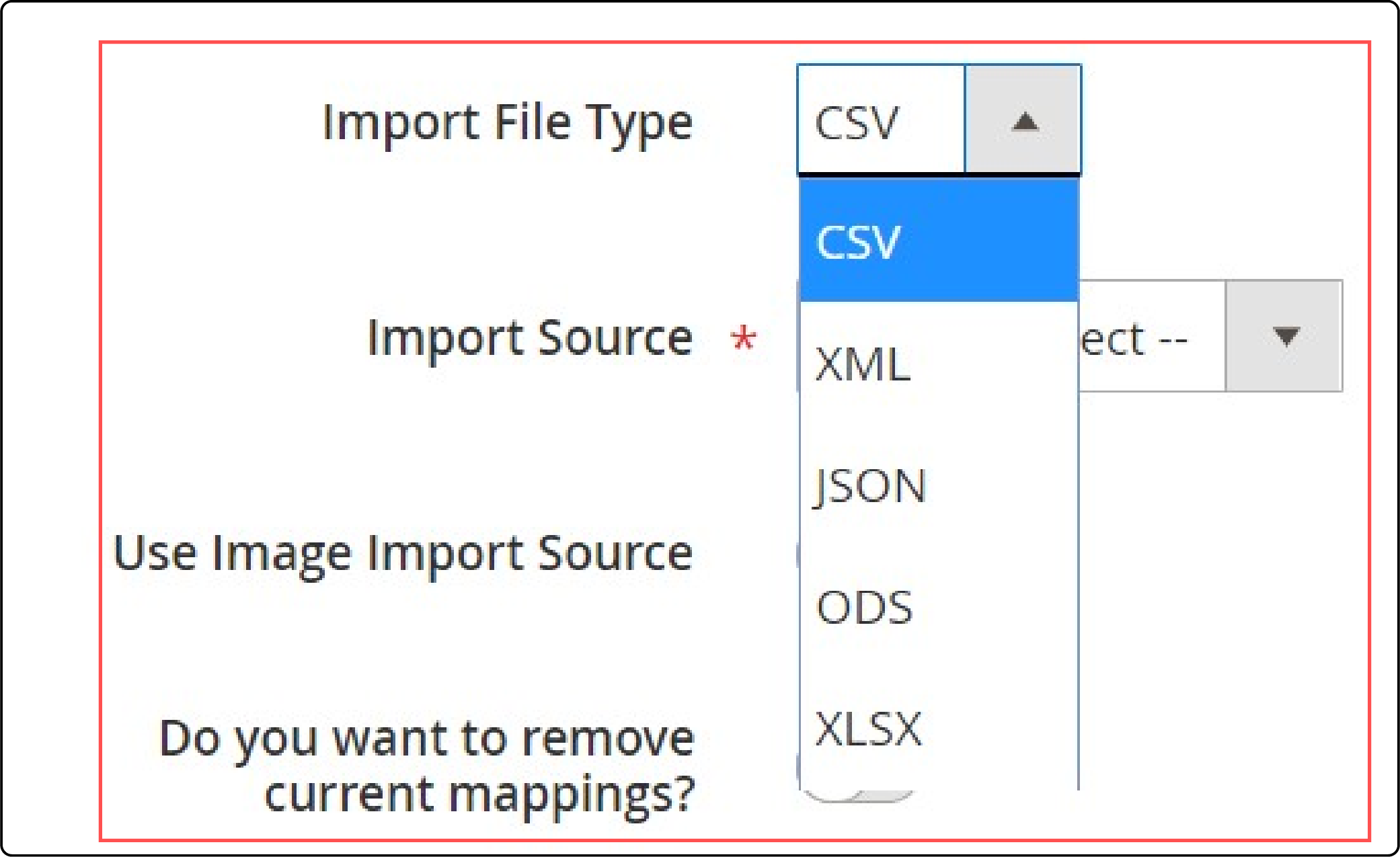 Choosing file type and source for importing data from osCommerce to Magento