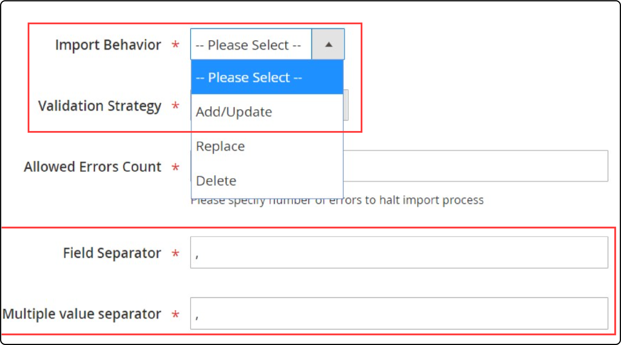 Choosing import behavior options when migrating data files from osCommerce to Magento