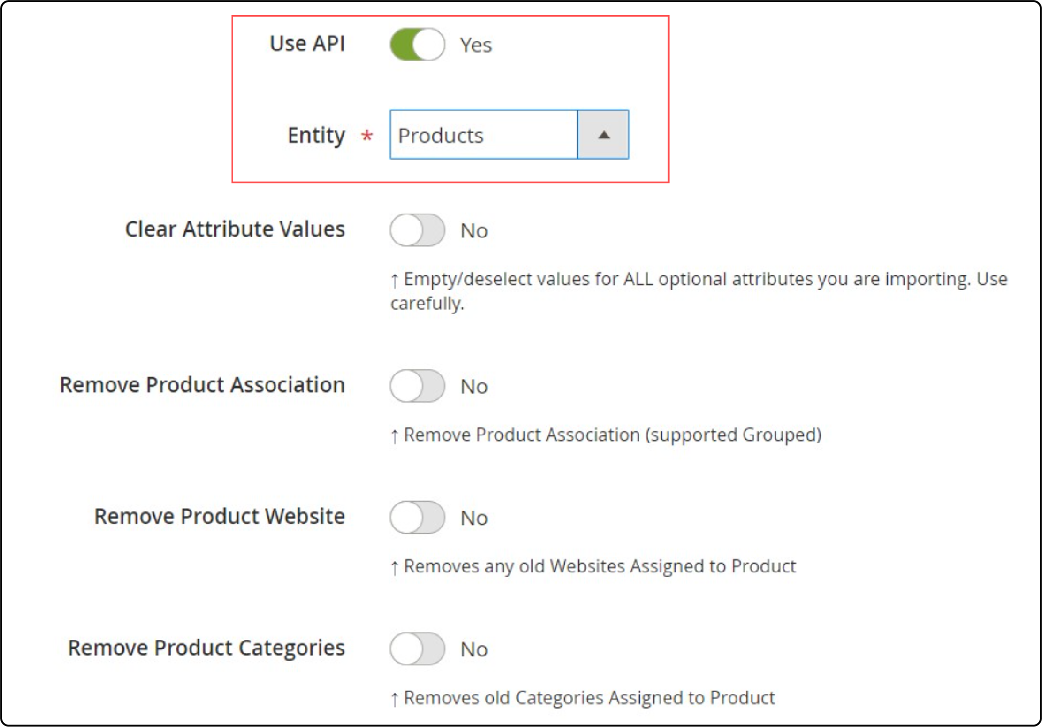 Import settings configuration for API migration from osCommerce to Magento