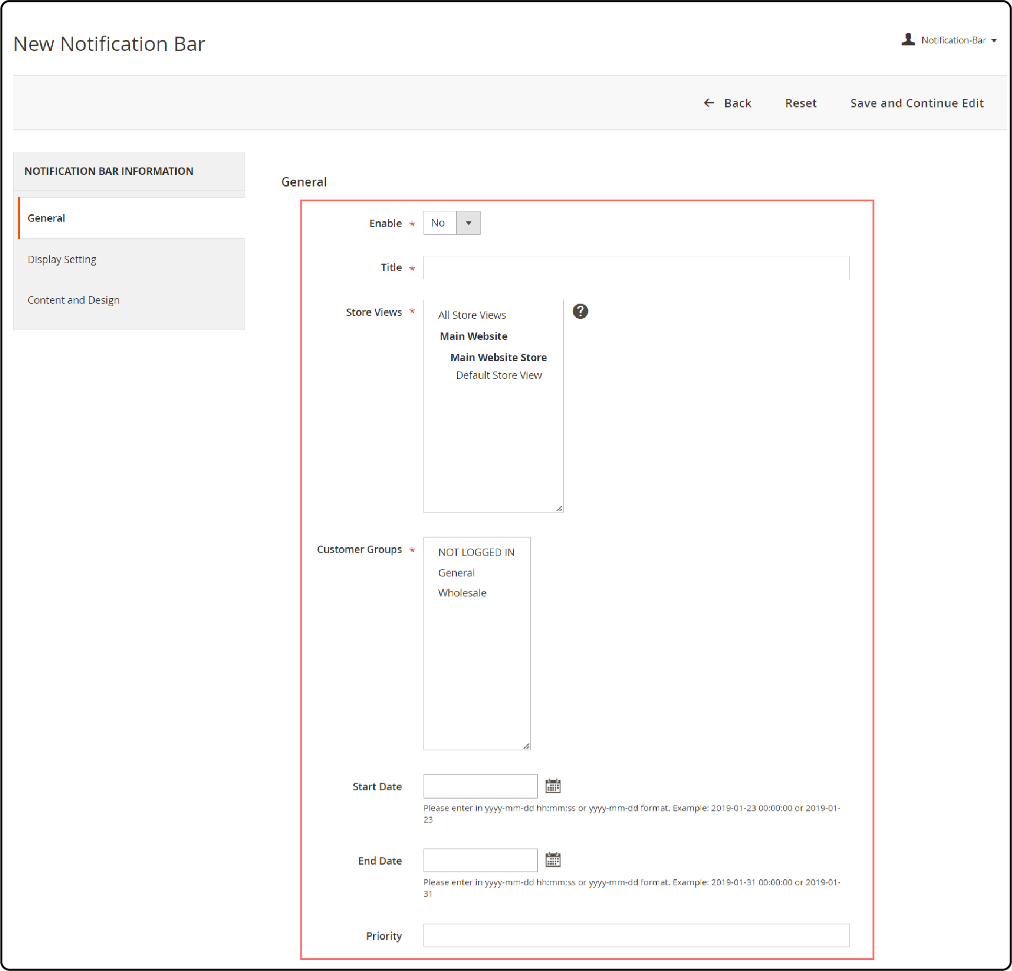 Creation of a New Notification Bar for Magento-Fill in the General section