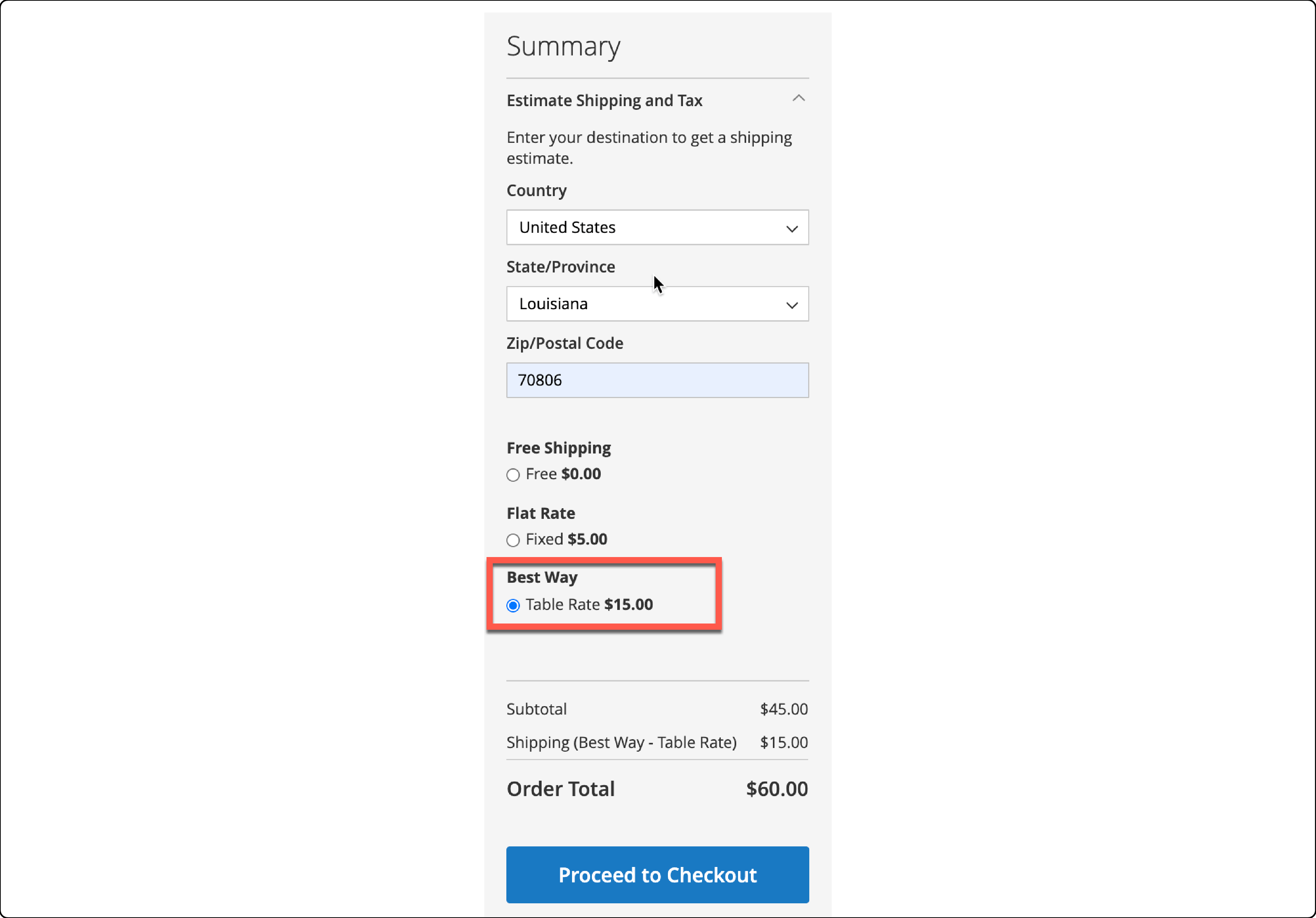 Testing table rate shipping options in Magento 2 checkout