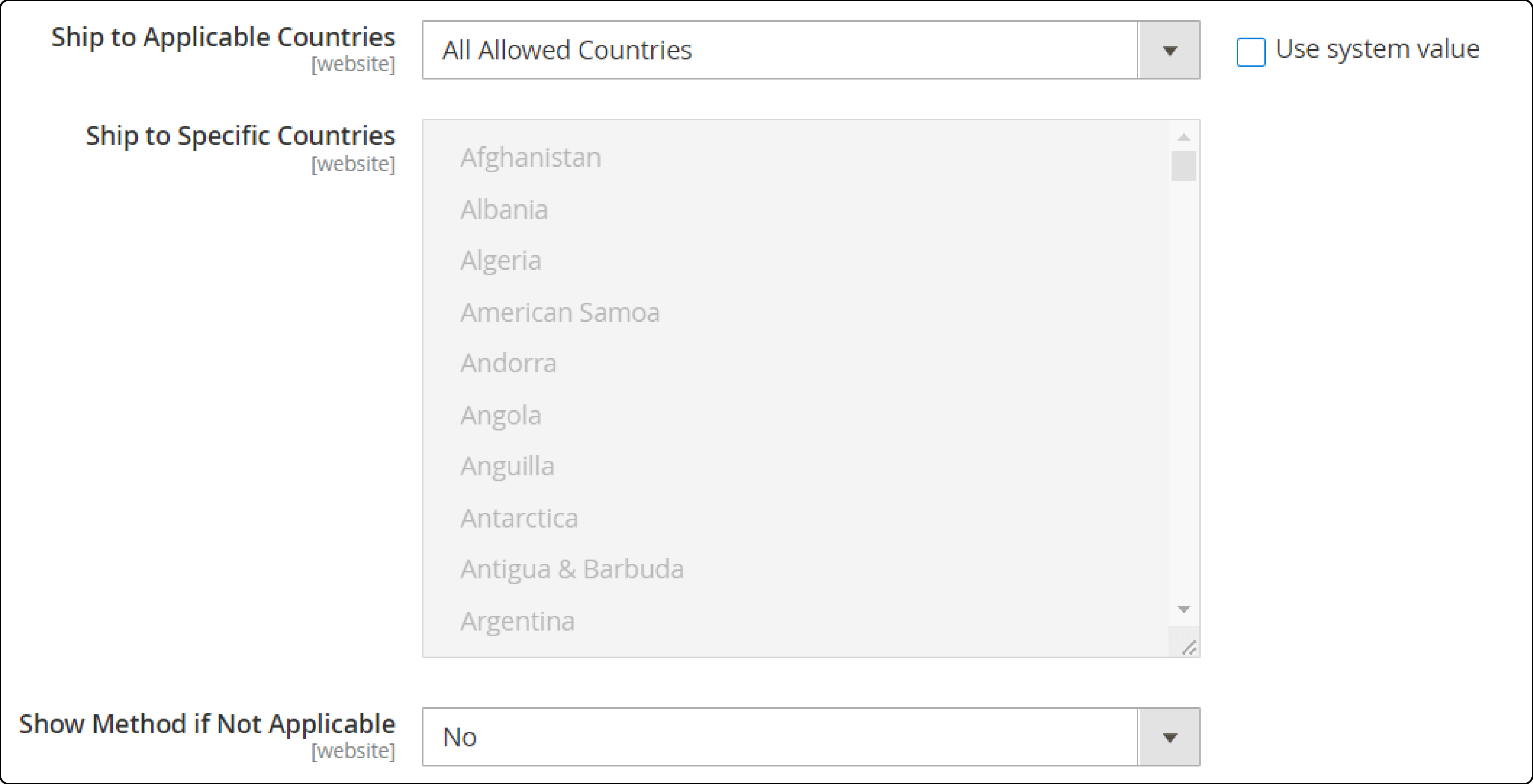 Setting applicable countries for shipping in Magento 2 table rates