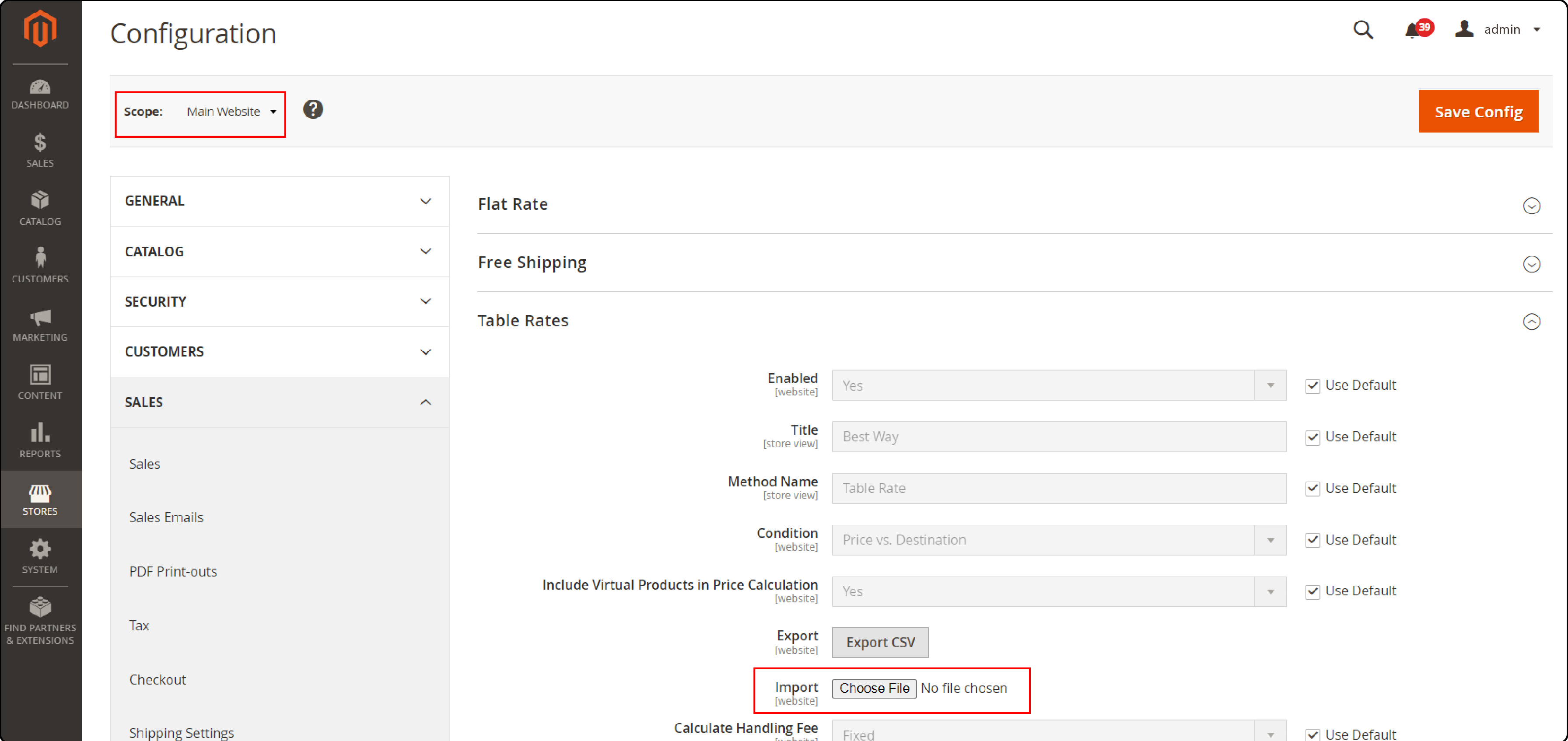 Import table rate data in Magento 2 configuration settings