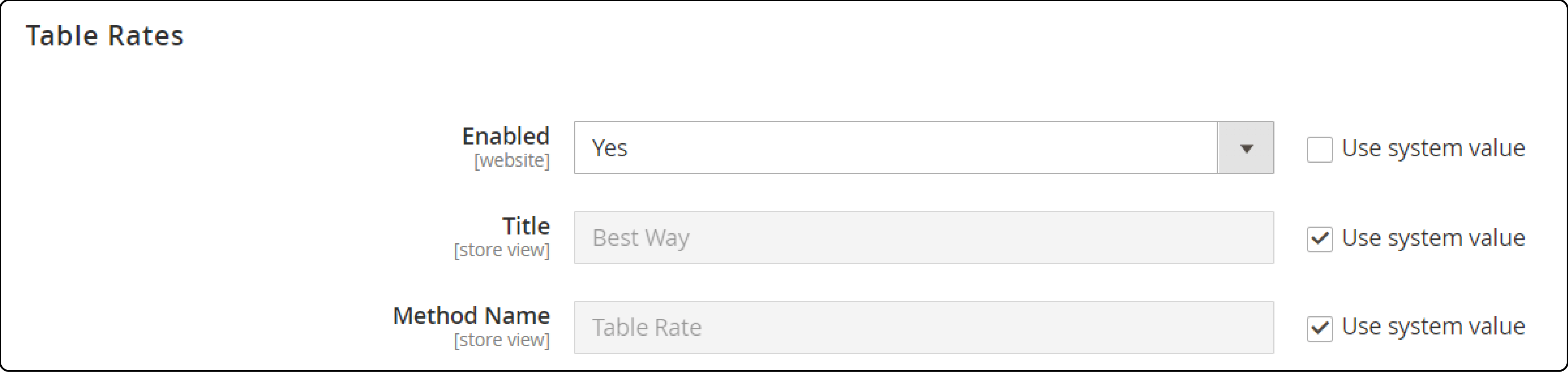 Table rates section in Magento 2 configuration settings