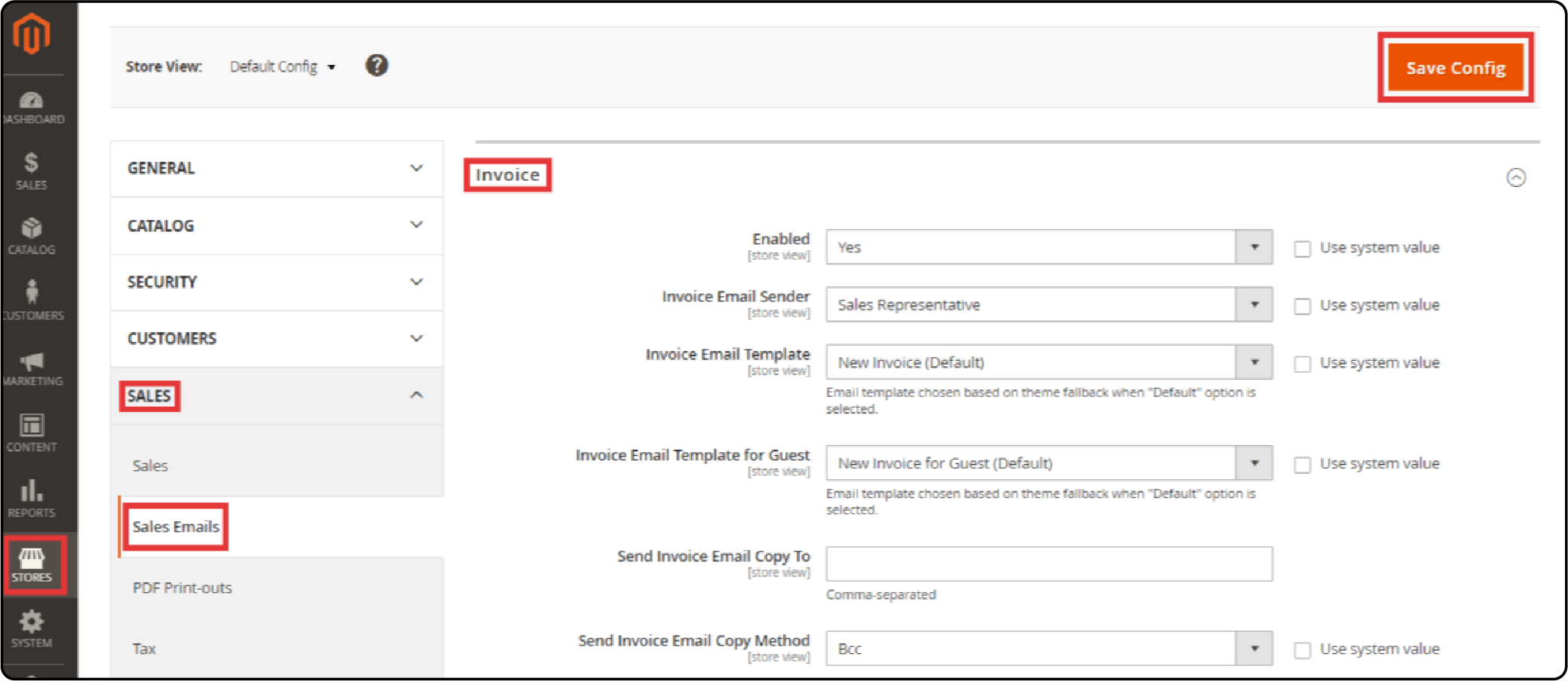 Navigate to Configuration for Magento Invoice Email Templates