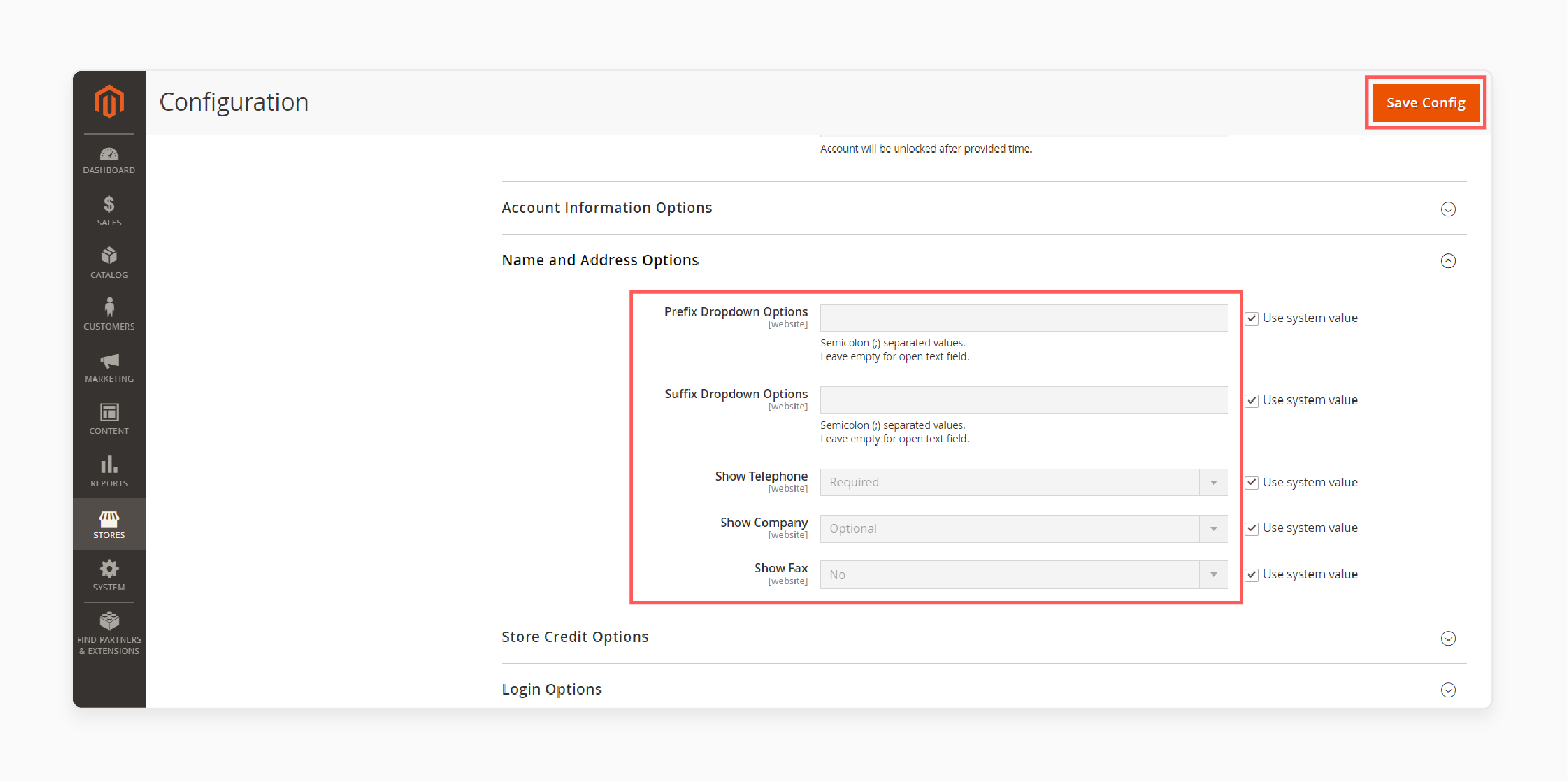 Locate the Name and Address Options make changes and save configurations