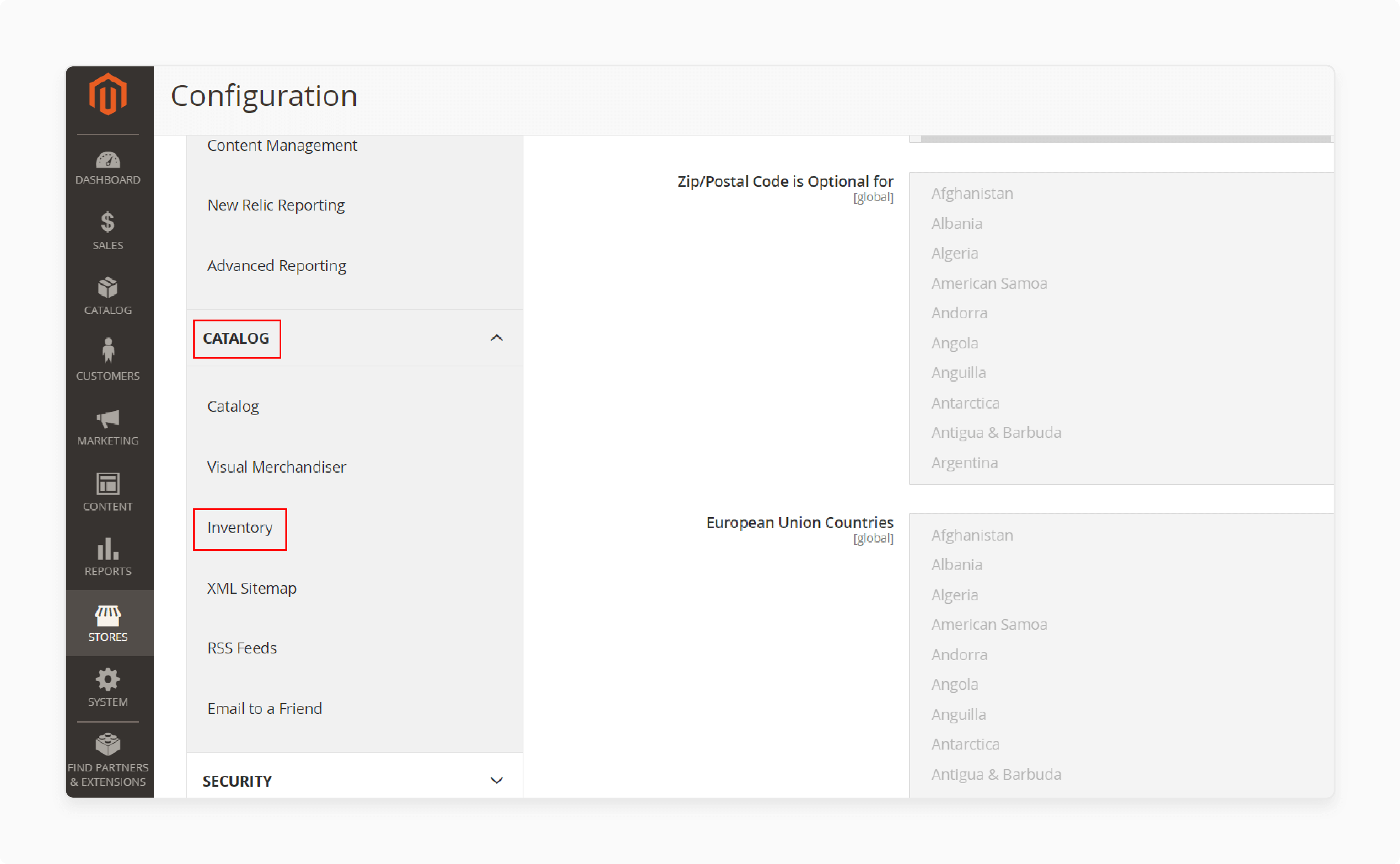 Select inventory settings under catalog in Magento 2 configuration