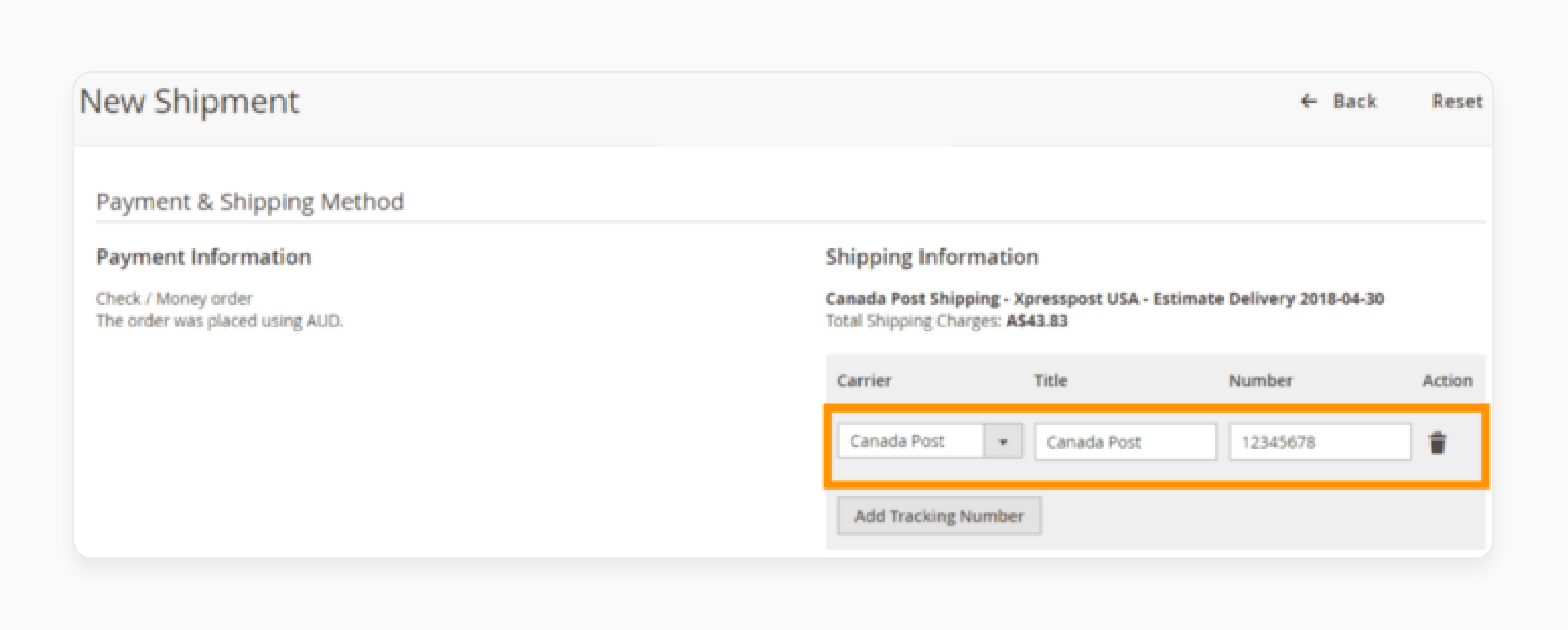 Choose the shipment information in the Magento 2 Custom Carrier Tracker extension