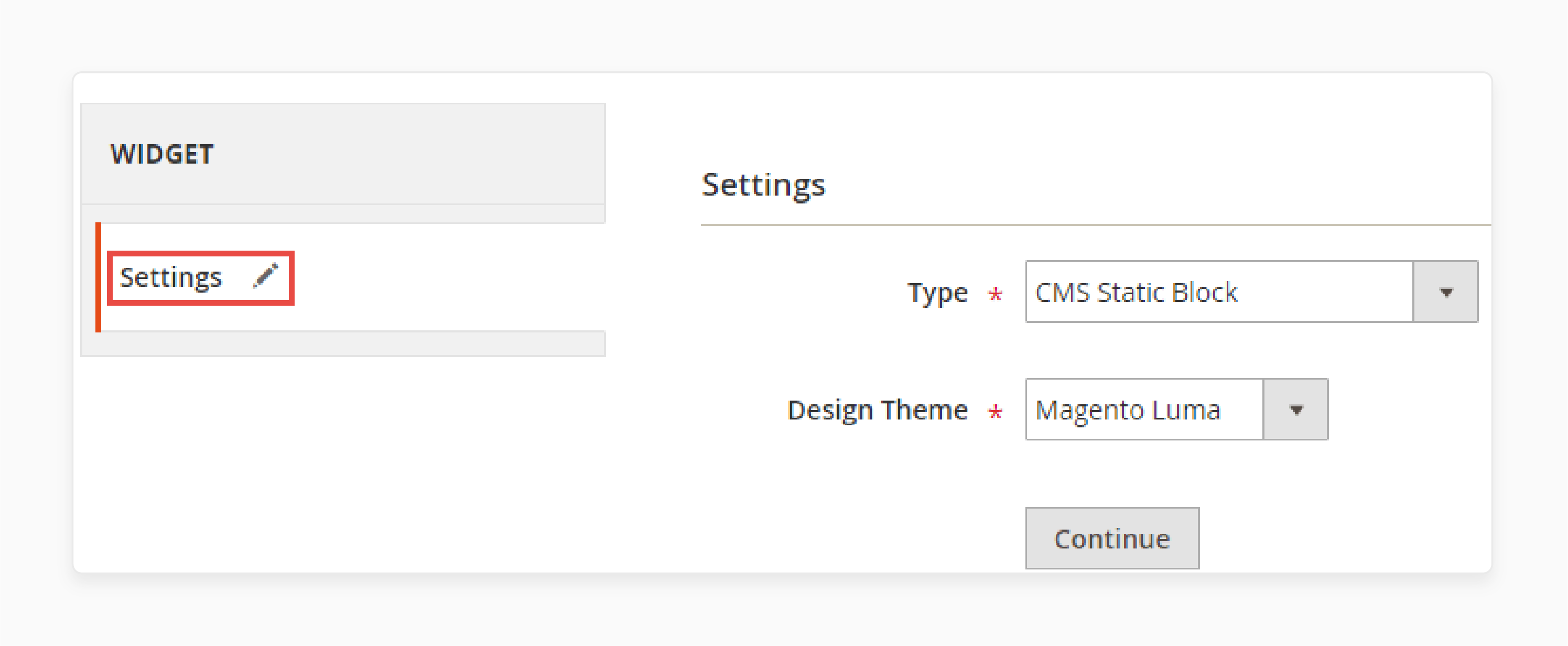 choose widget type and design theme in magento cms for enhanced customization