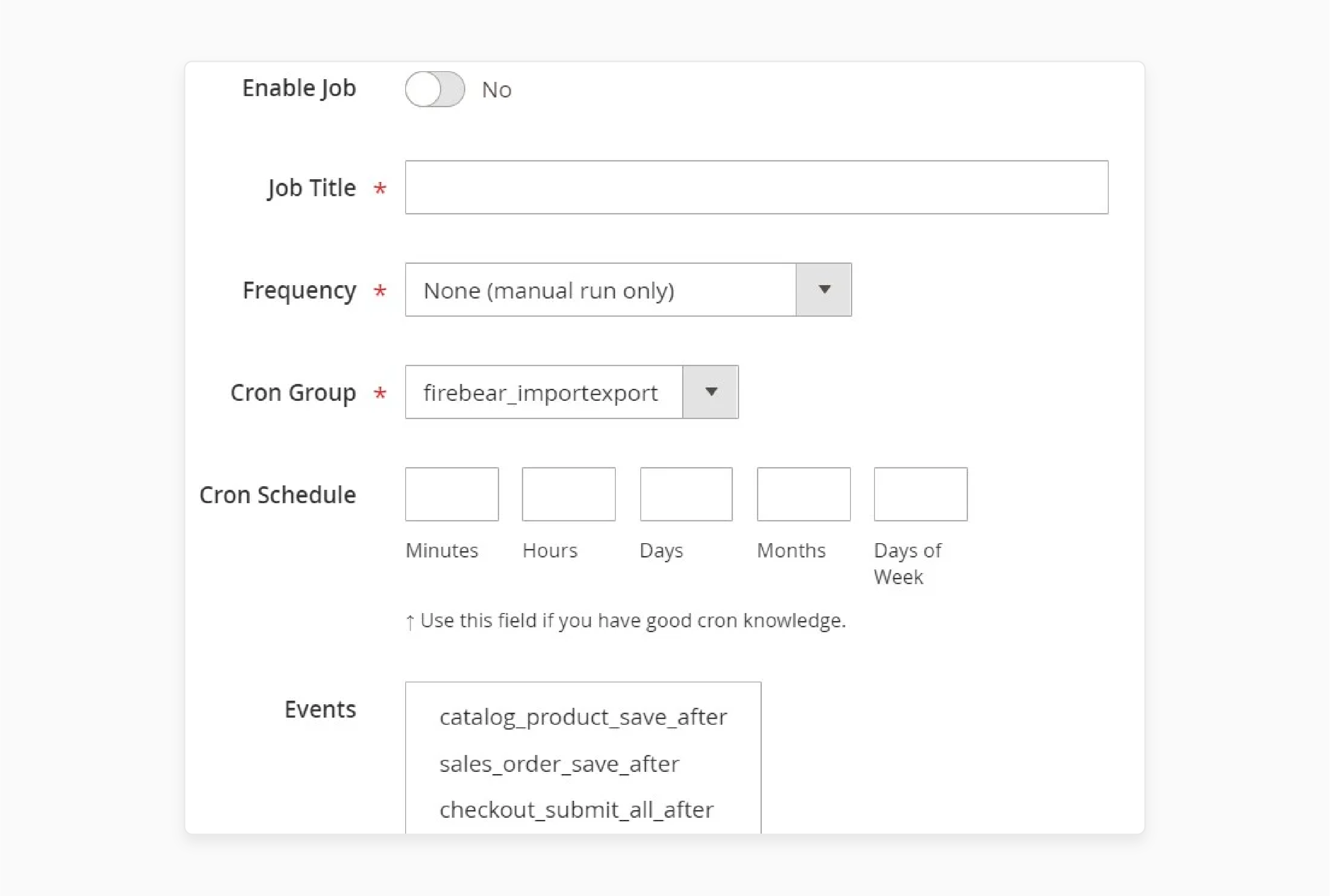 enable export job settings in magento cms admin