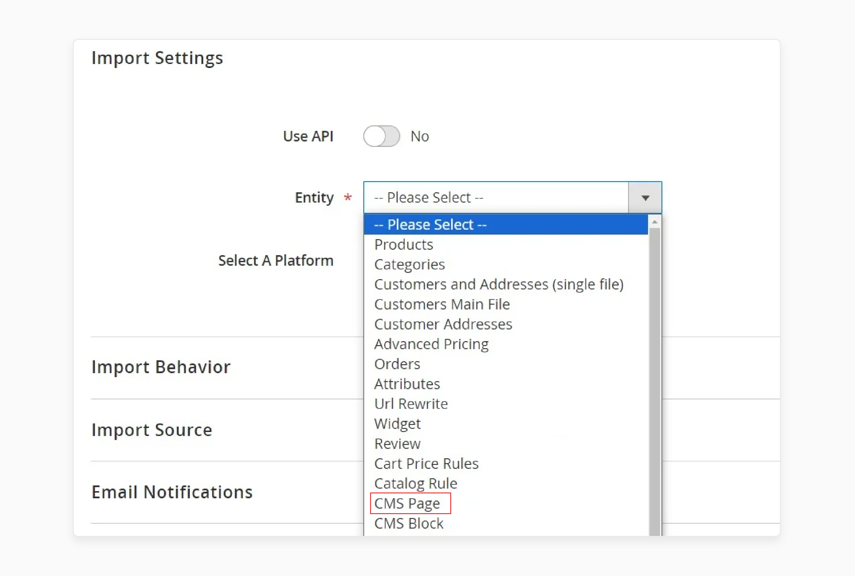 configure import settings for magento cms to streamline content updates