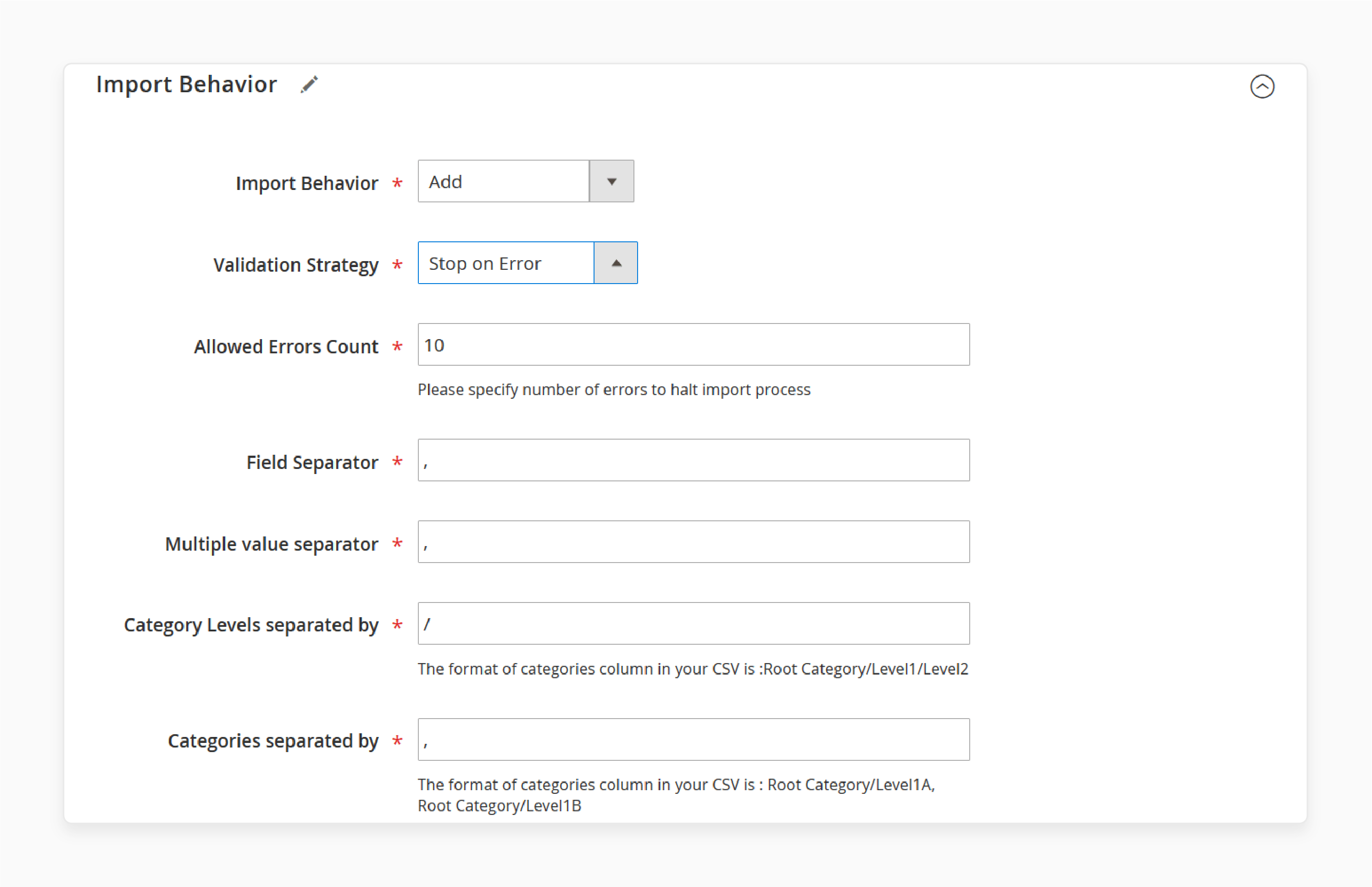 define import behavior settings in magento cms for flexible content management