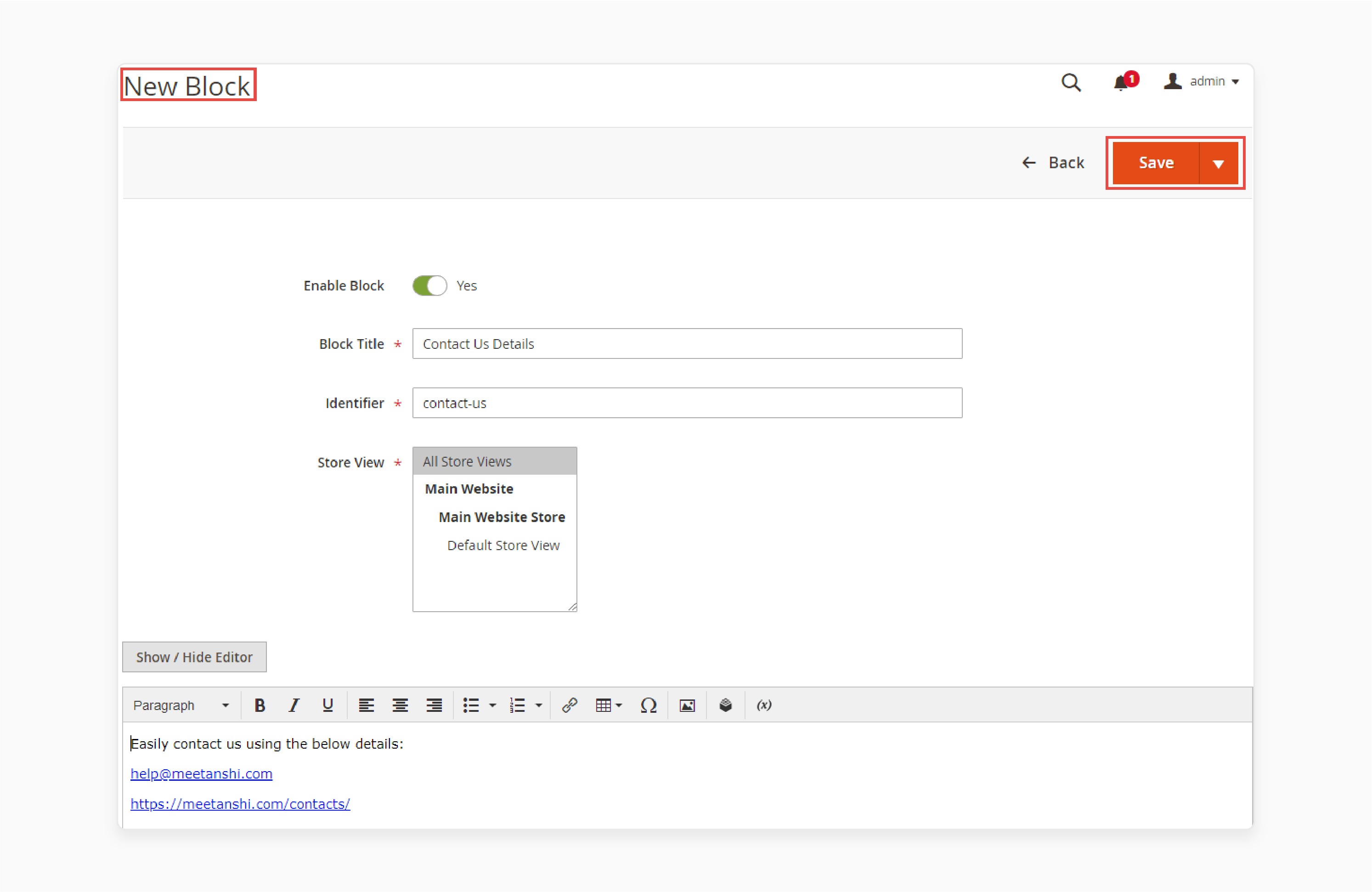 enable and name magento cms blocks