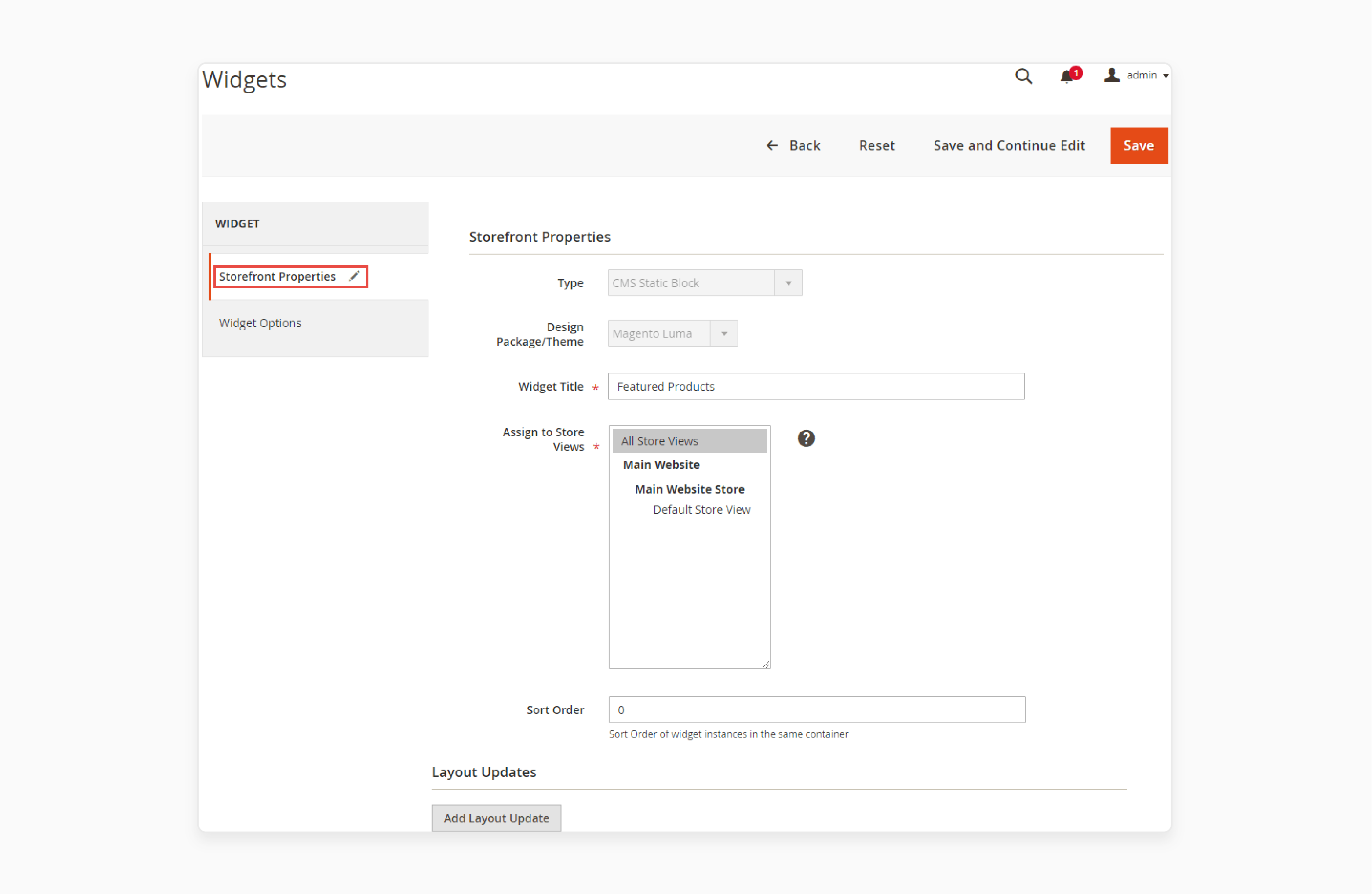 add a widget title in magento cms to organize content for specific store views