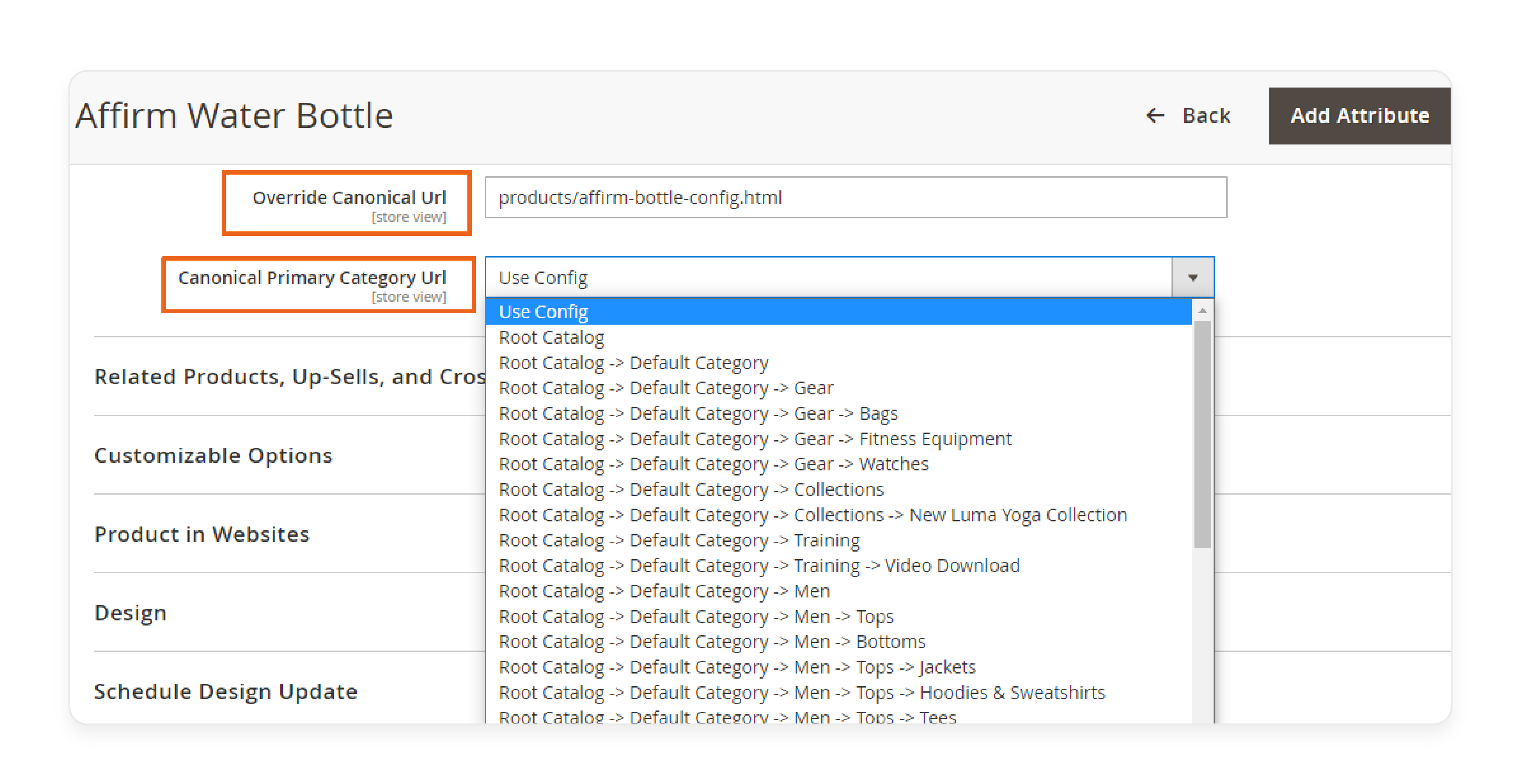 add canonical tags to product pages in magento 2 via seo settings