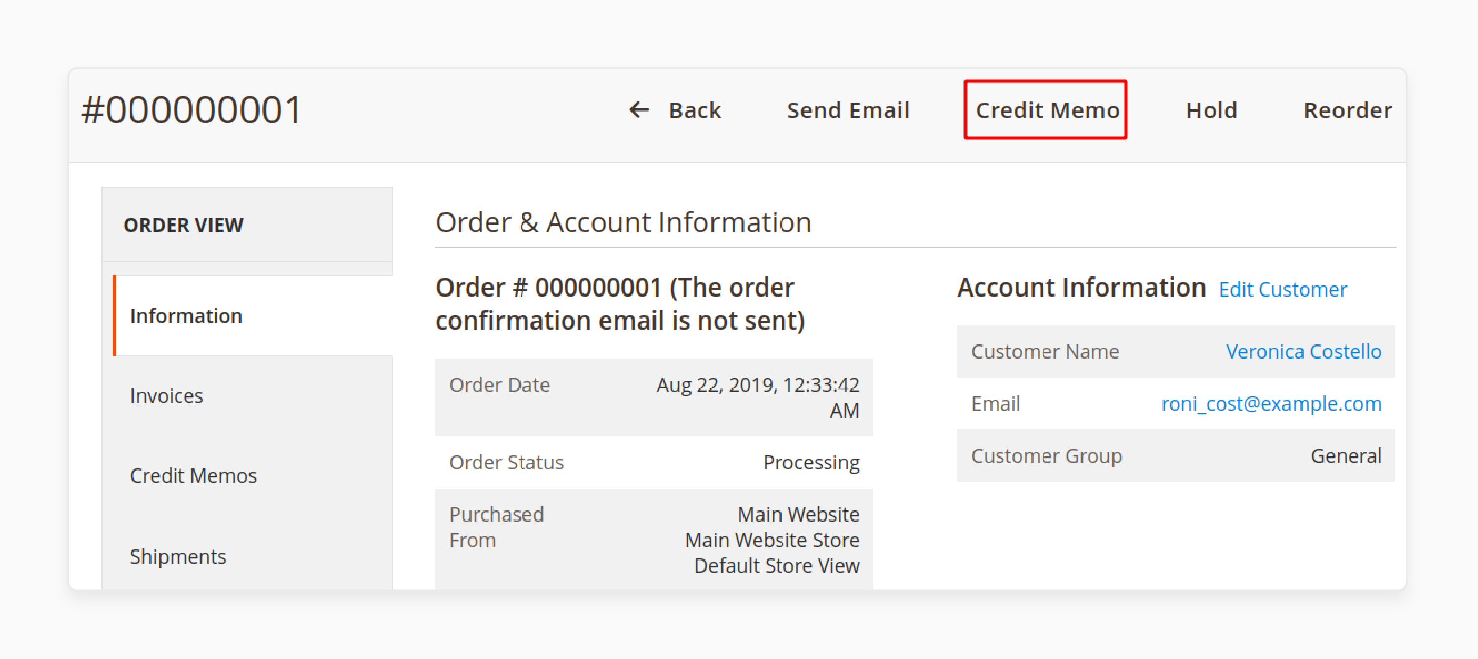 select the credit memo button in magento 2